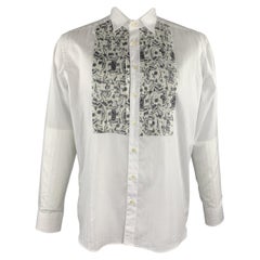 ETRO Size L White Cotton Pleated Silk Paisley Bib Long Sleeve Shirt