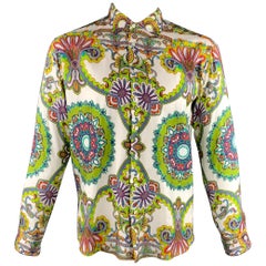 ETRO Size L White 
Green Print Cotton Button Up Long Sleeve Shirt