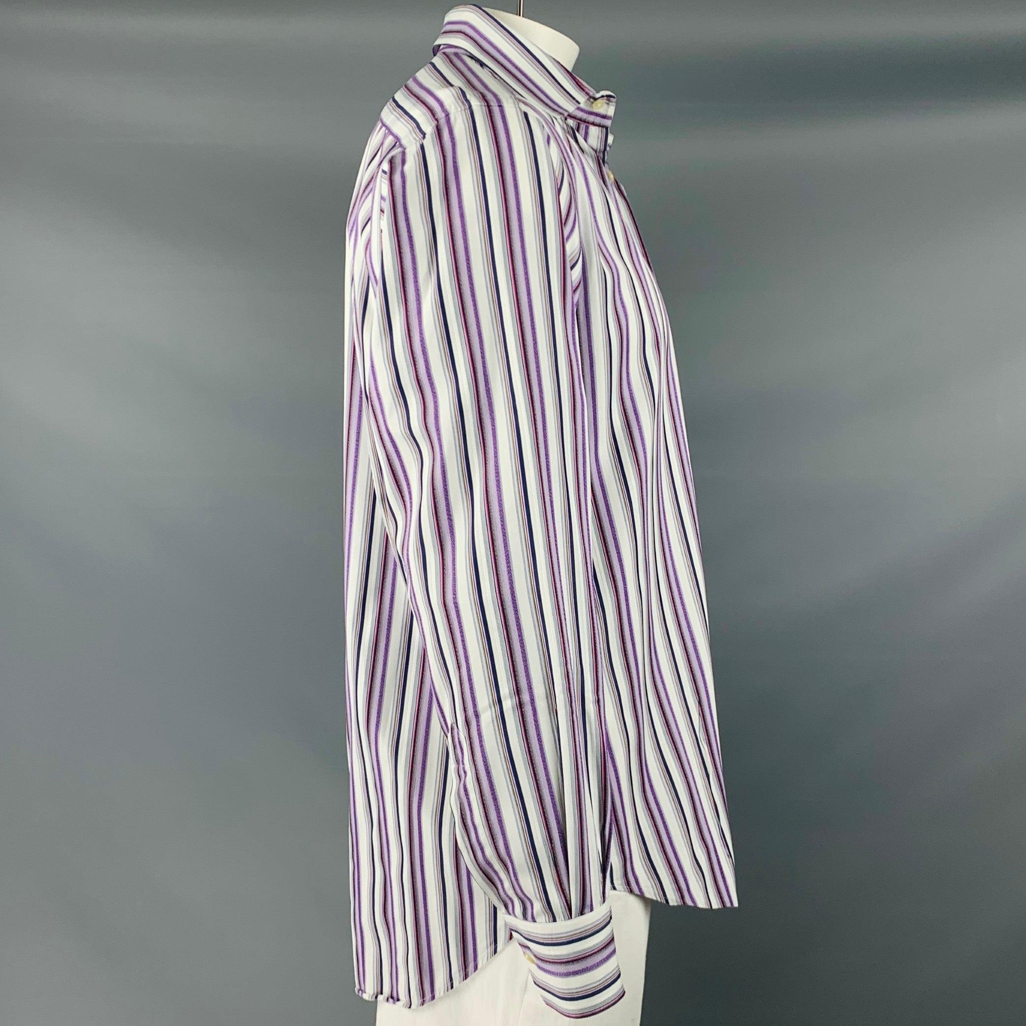 Gray ETRO Size L White Purple Stripe Cotton Button Up Long Sleeve Shirt For Sale