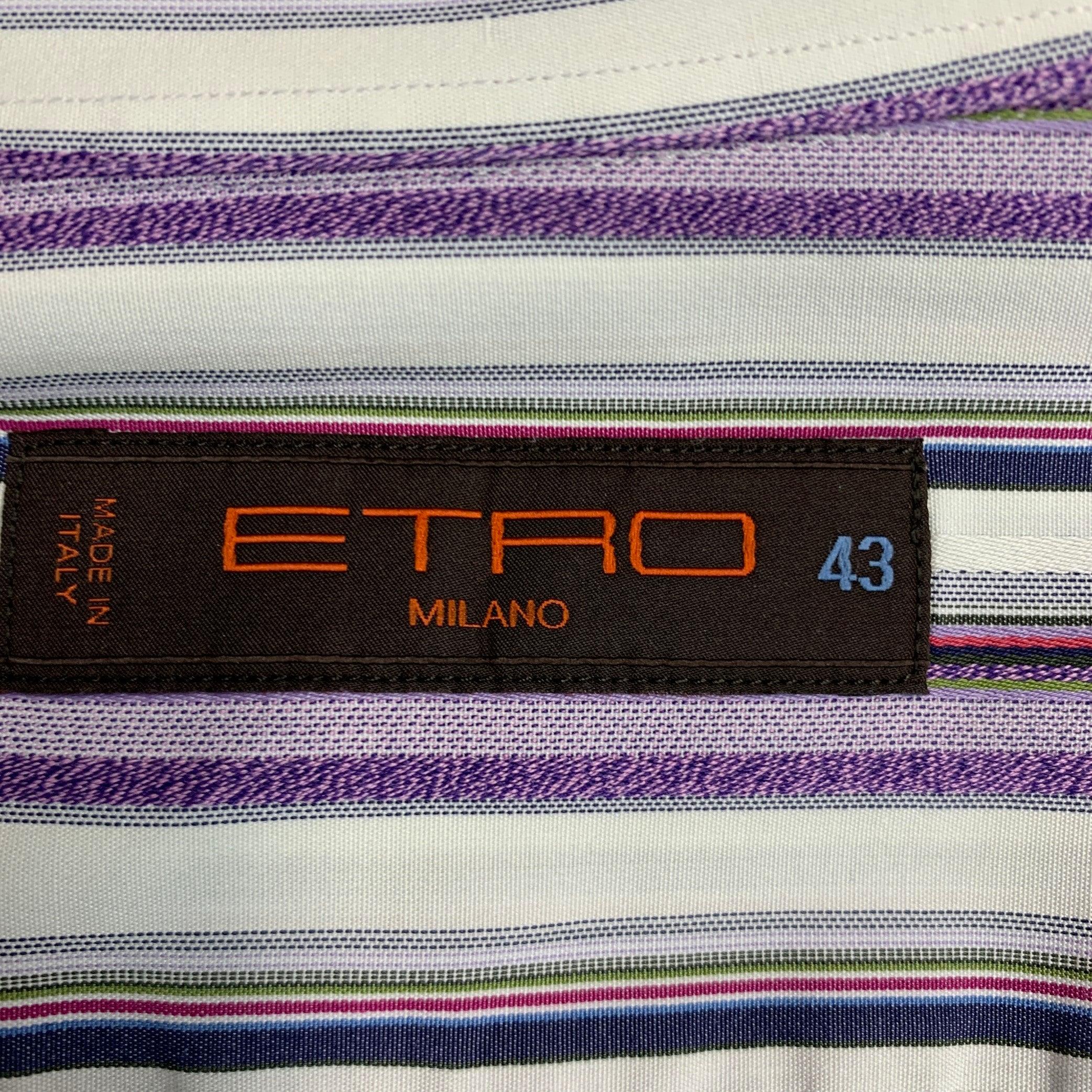 Men's ETRO Size L White Purple Stripe Cotton Button Up Long Sleeve Shirt For Sale