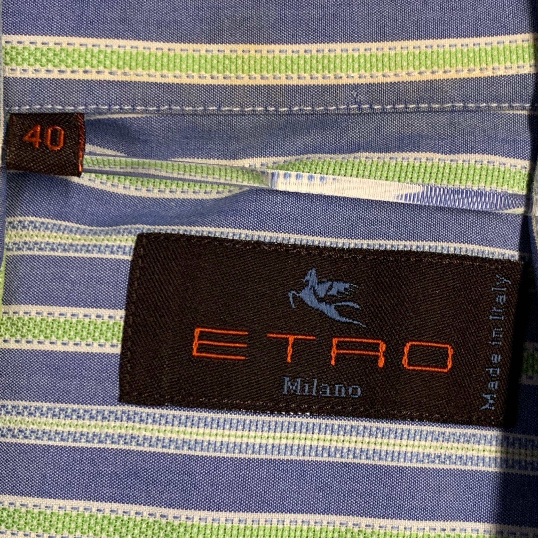ETRO Taglia M Blue Green Stripe Cotton Spread Collar Camicia a maniche lunghe in vendita 3