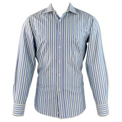 ETRO Taglia M Blue Green Stripe Cotton Spread Collar Camicia a maniche lunghe