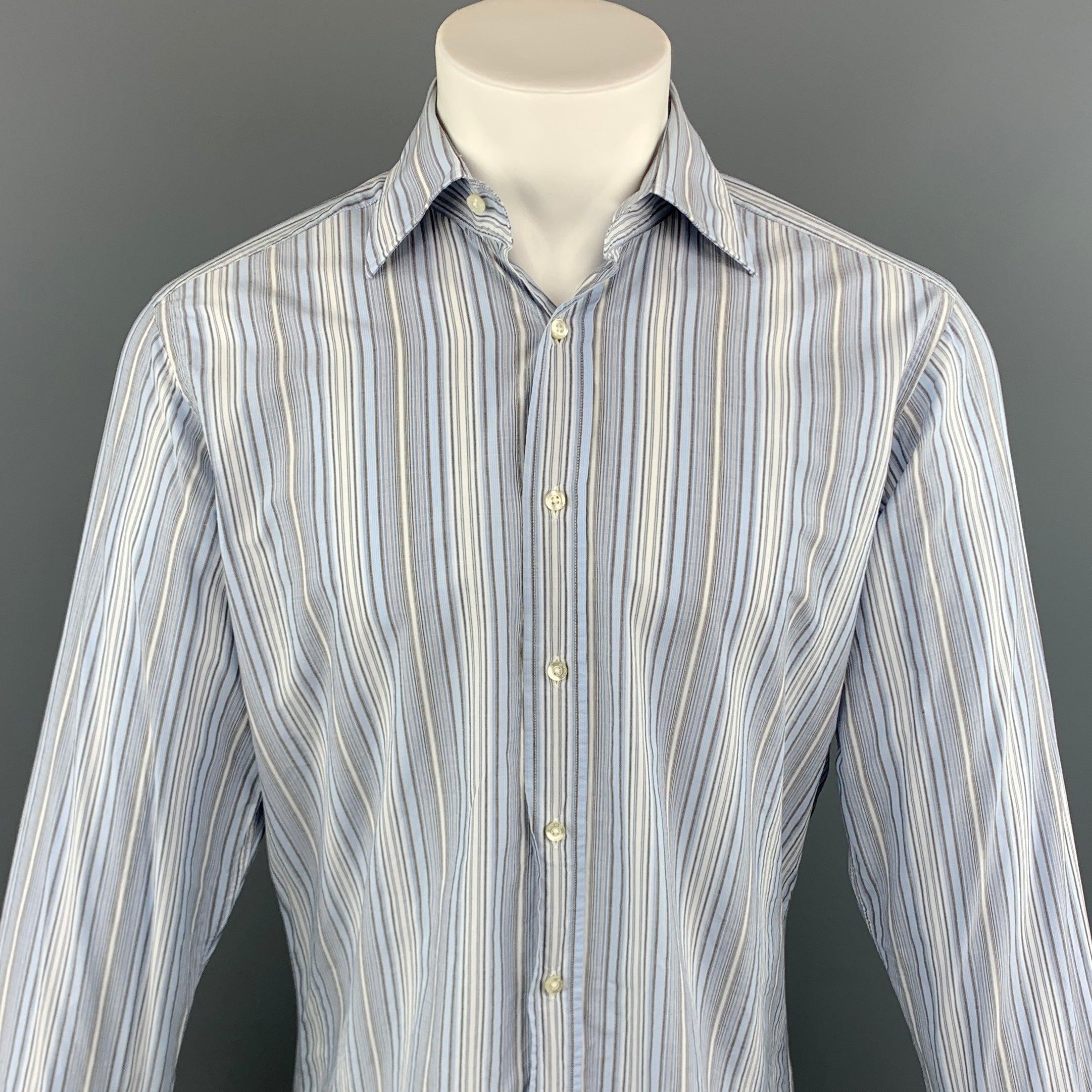 ETRO long sleeve shirt comes in a blue and gray stripe cotton featuring a button up style and a spread collar. Made in Italy.Excellent Pre-Owned Condition. 

Marked:   40 

Measurements: 
 
Shoulder: 17 inches  Chest: 46 inches  Sleeve: 26.5 inches 