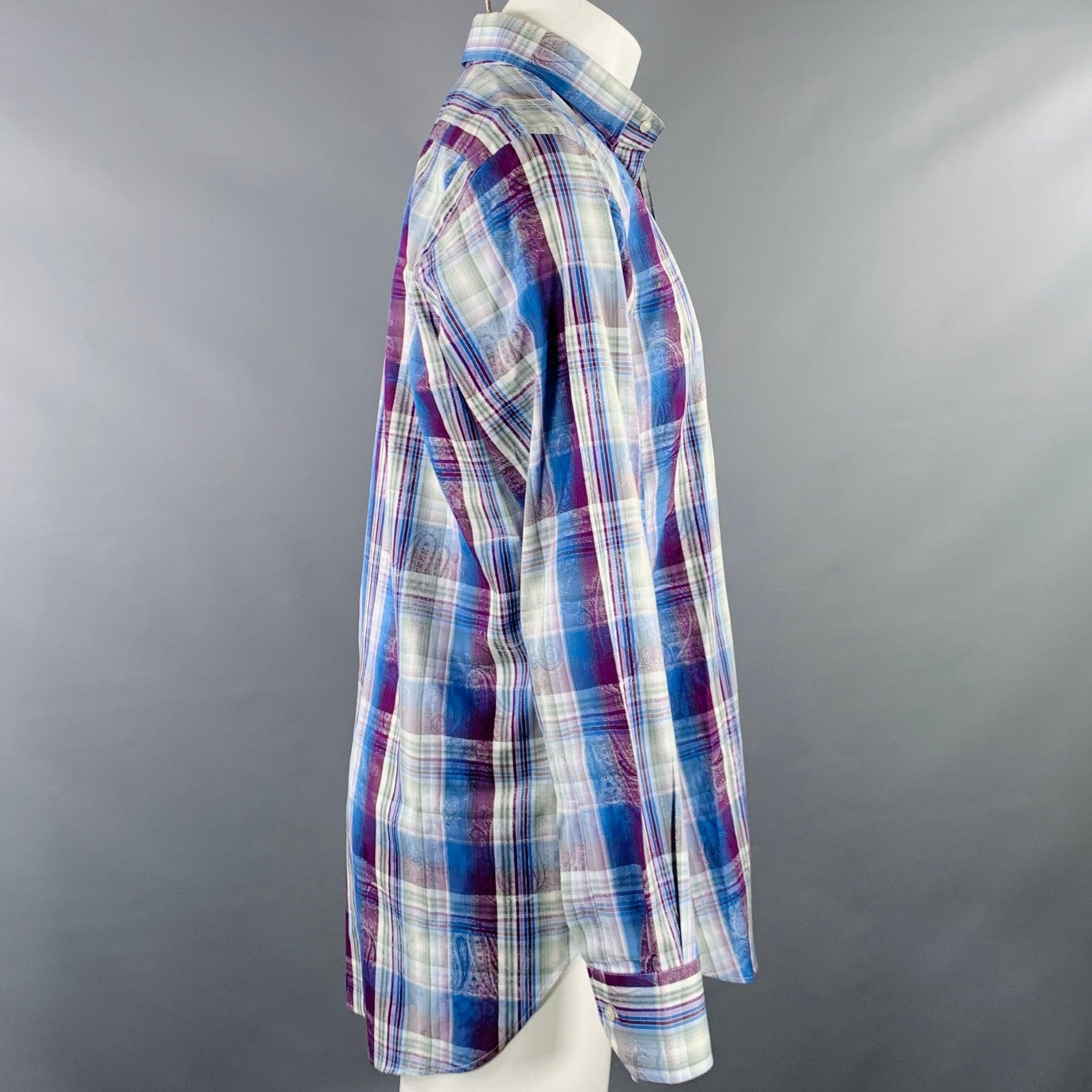 Grigio ETRO Taglia M Blu Viola Plaid Cotone Button Up Camicia Manica Lunga in vendita