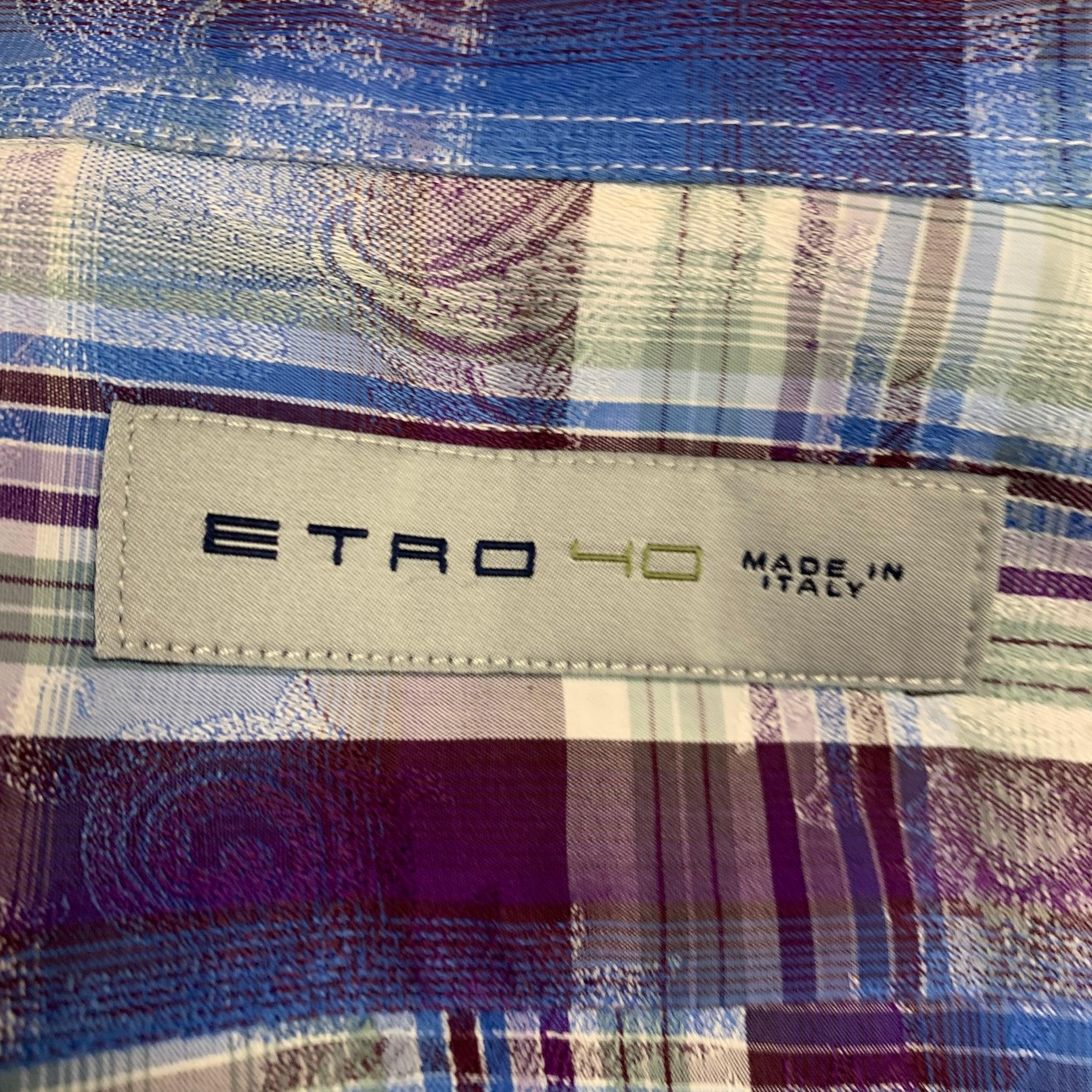 Uomo ETRO Taglia M Blu Viola Plaid Cotone Button Up Camicia Manica Lunga in vendita