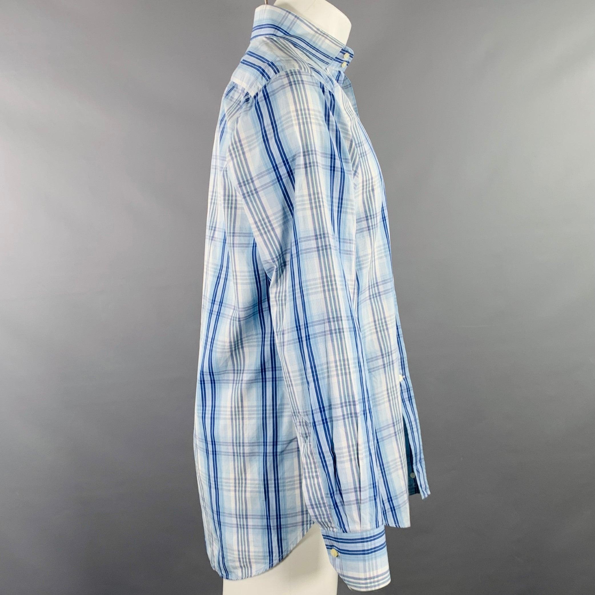 ETRO long sleeve shirt in a blue and white cotton woven fabric featuring a plaid pattern, spread collar, and button closure. Made in Italy.Excellent Pre-Owned Condition. Care tags removed. 

Marked:   40 

Measurements: 
 
Shoulder: 17 inches Chest: