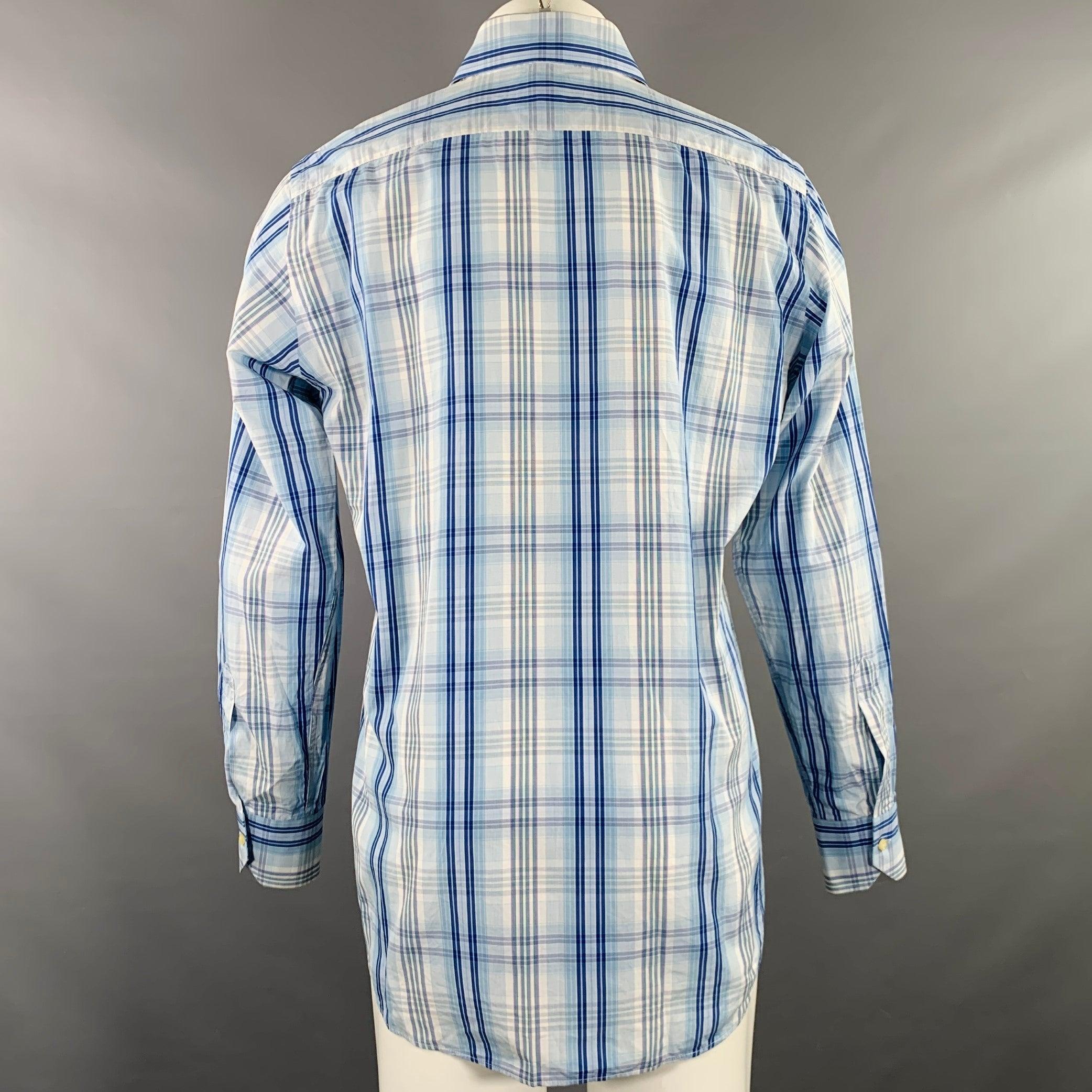 Gray ETRO Size M Blue White Plaid Cotton Button Up Long Sleeve Shirt For Sale