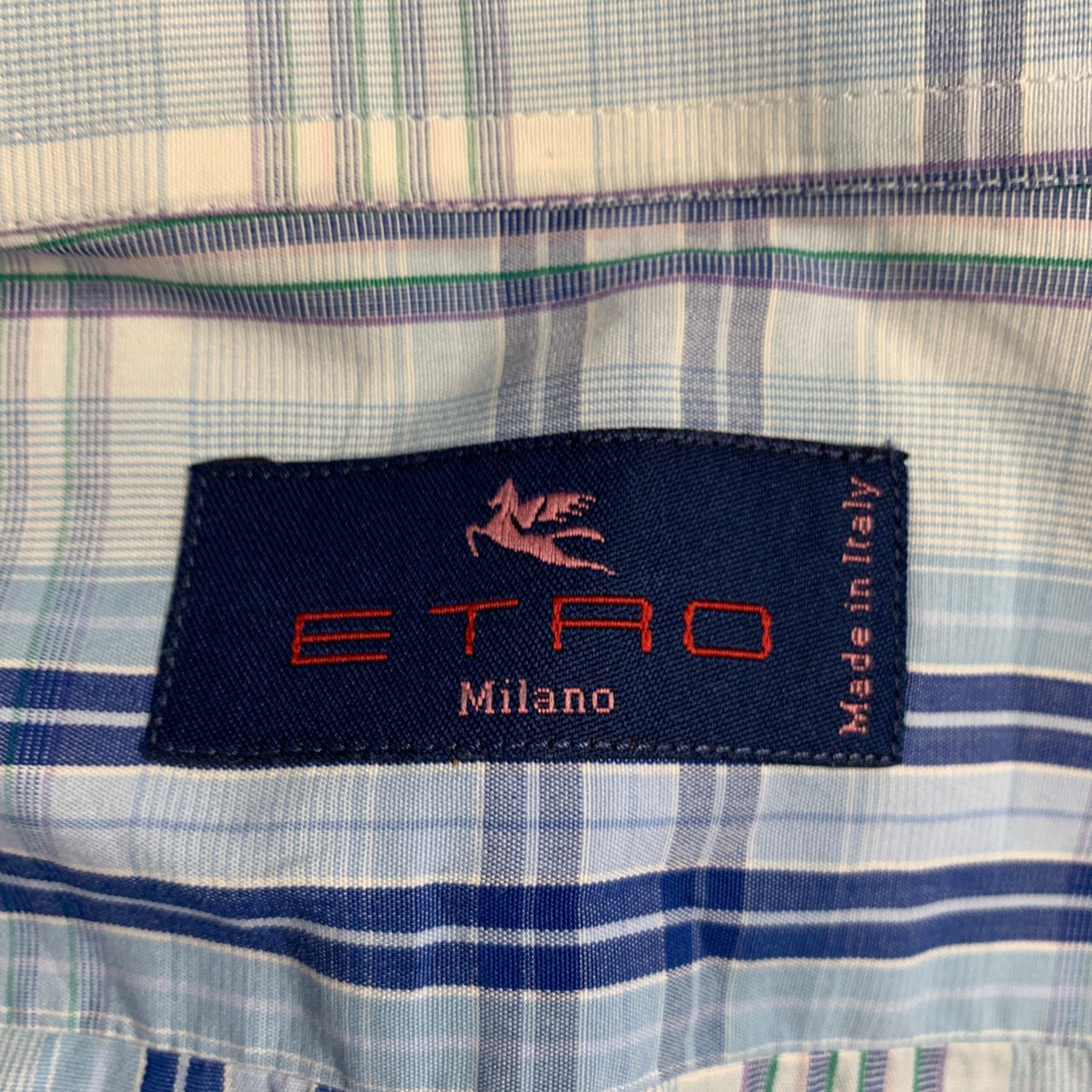 ETRO Size M Blue White Plaid Cotton Button Up Long Sleeve Shirt In Excellent Condition For Sale In San Francisco, CA