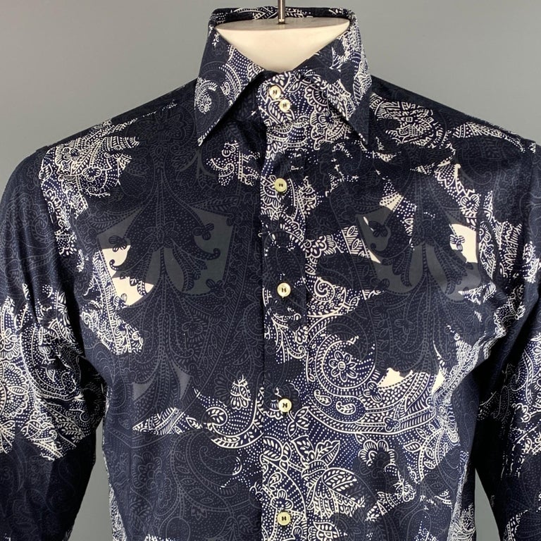 ETRO Size M Charcoal and White Print Cotton Button Up Long Sleeve Shirt ...