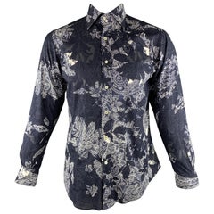 ETRO Size M Charcoal & White Print Cotton Button Up Long Sleeve Shirt