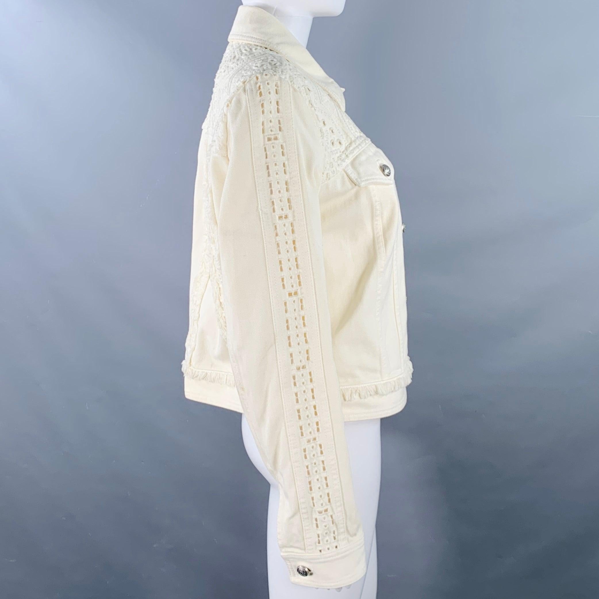 ETRO Size M Cream Eyelet Denim Fringe Trucker Jacket Blazer In Good Condition For Sale In San Francisco, CA