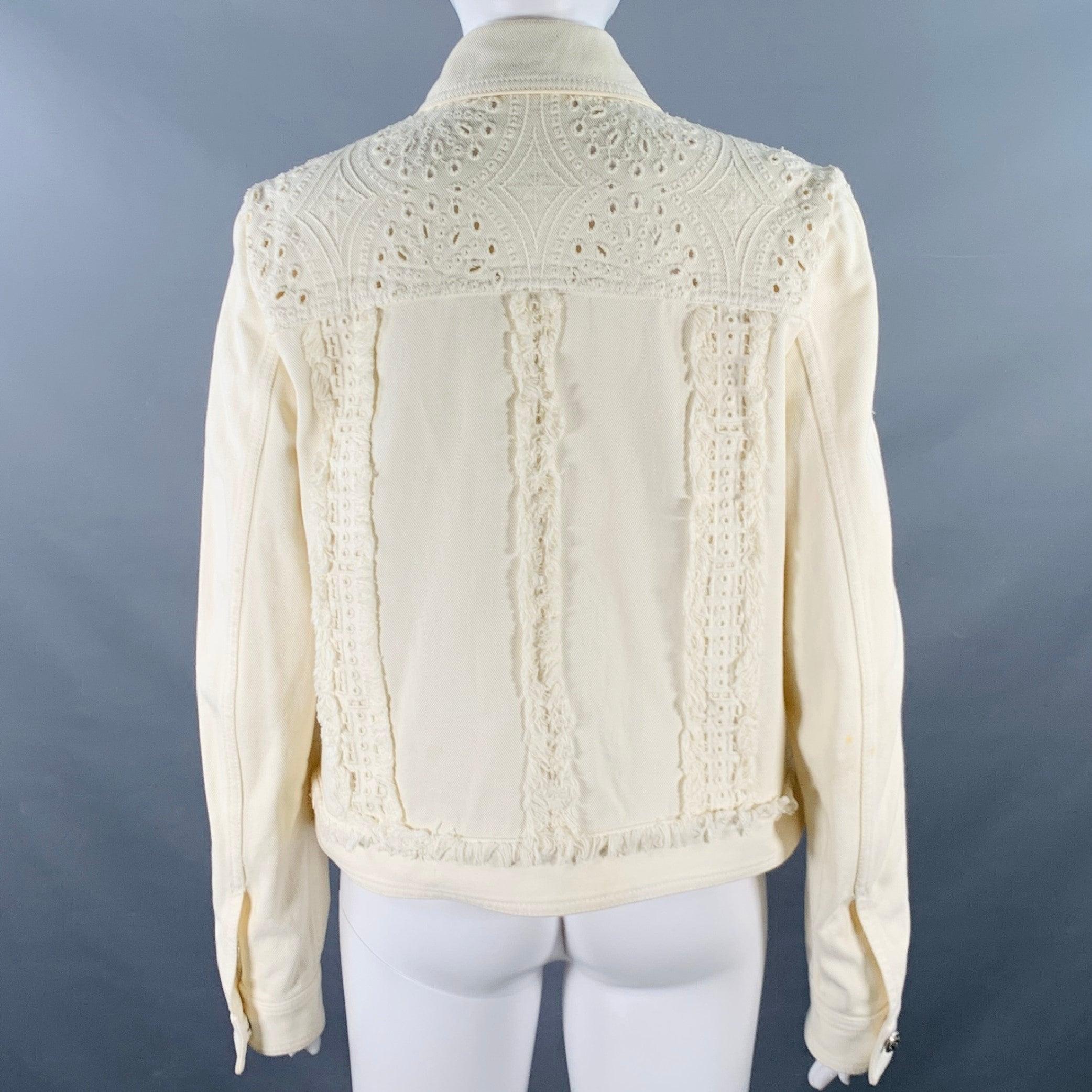 Women's ETRO Size M Cream Eyelet Denim Fringe Trucker Jacket Blazer For Sale