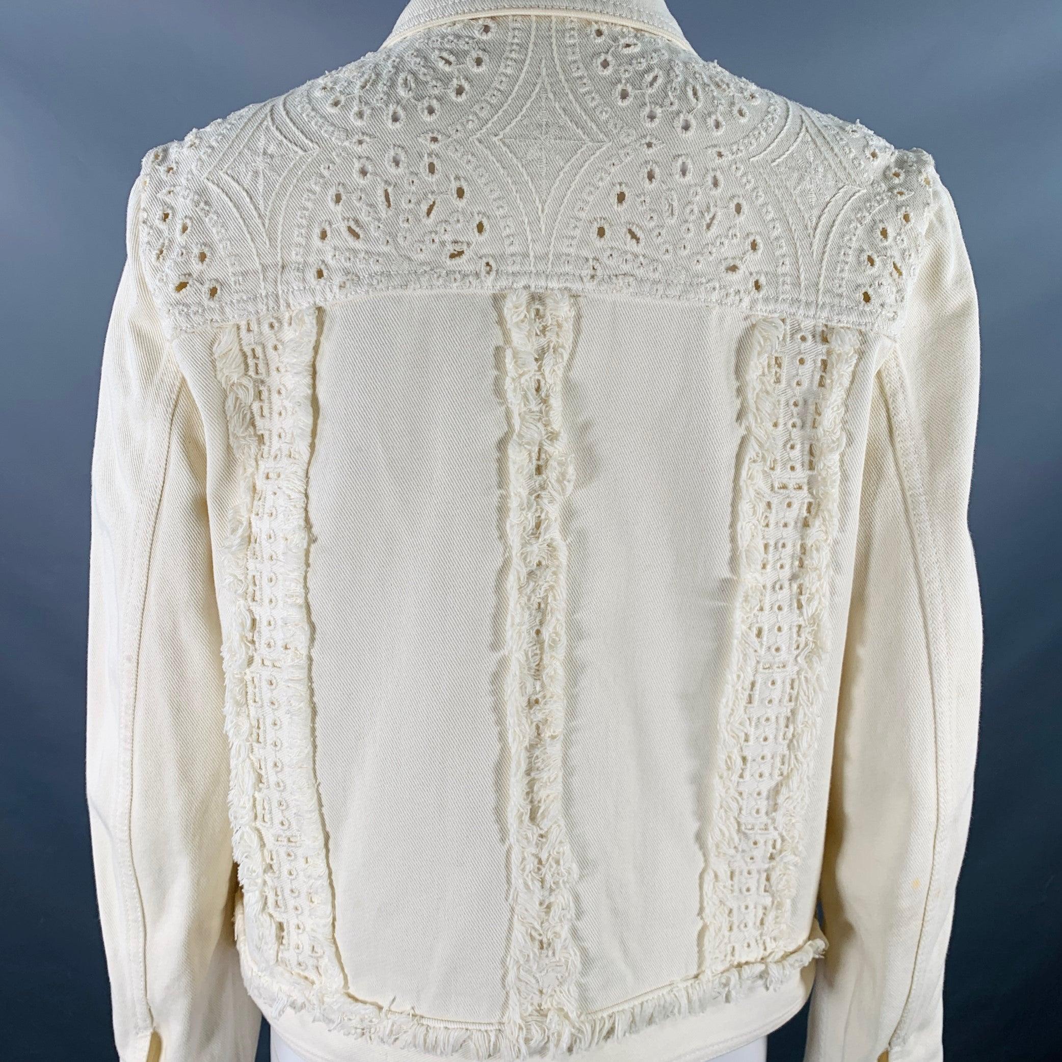 ETRO Size M Cream Eyelet Denim Fringe Trucker Jacket Blazer For Sale 1