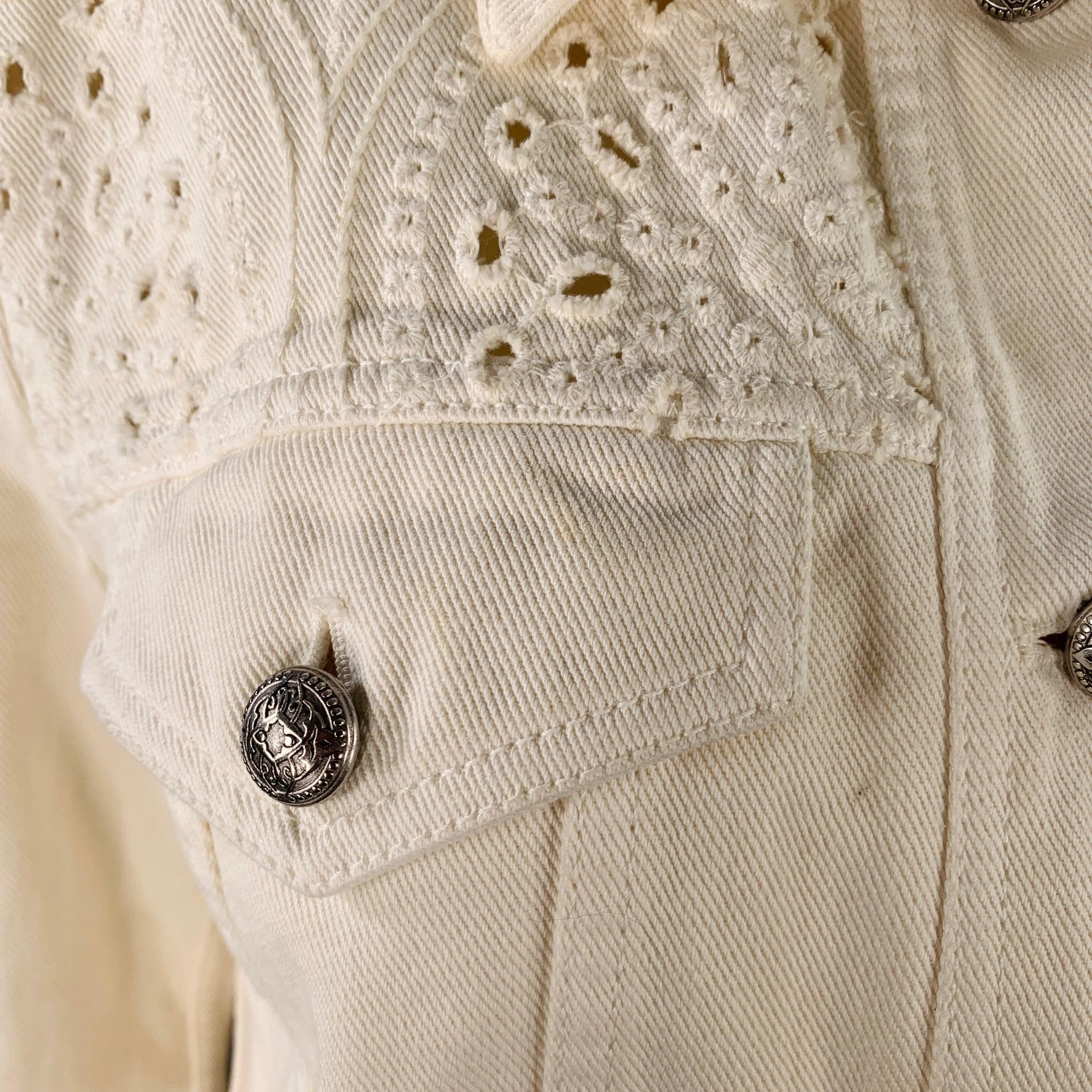 ETRO Size M Cream Eyelet Denim Fringe Trucker Jacket Blazer For Sale 4