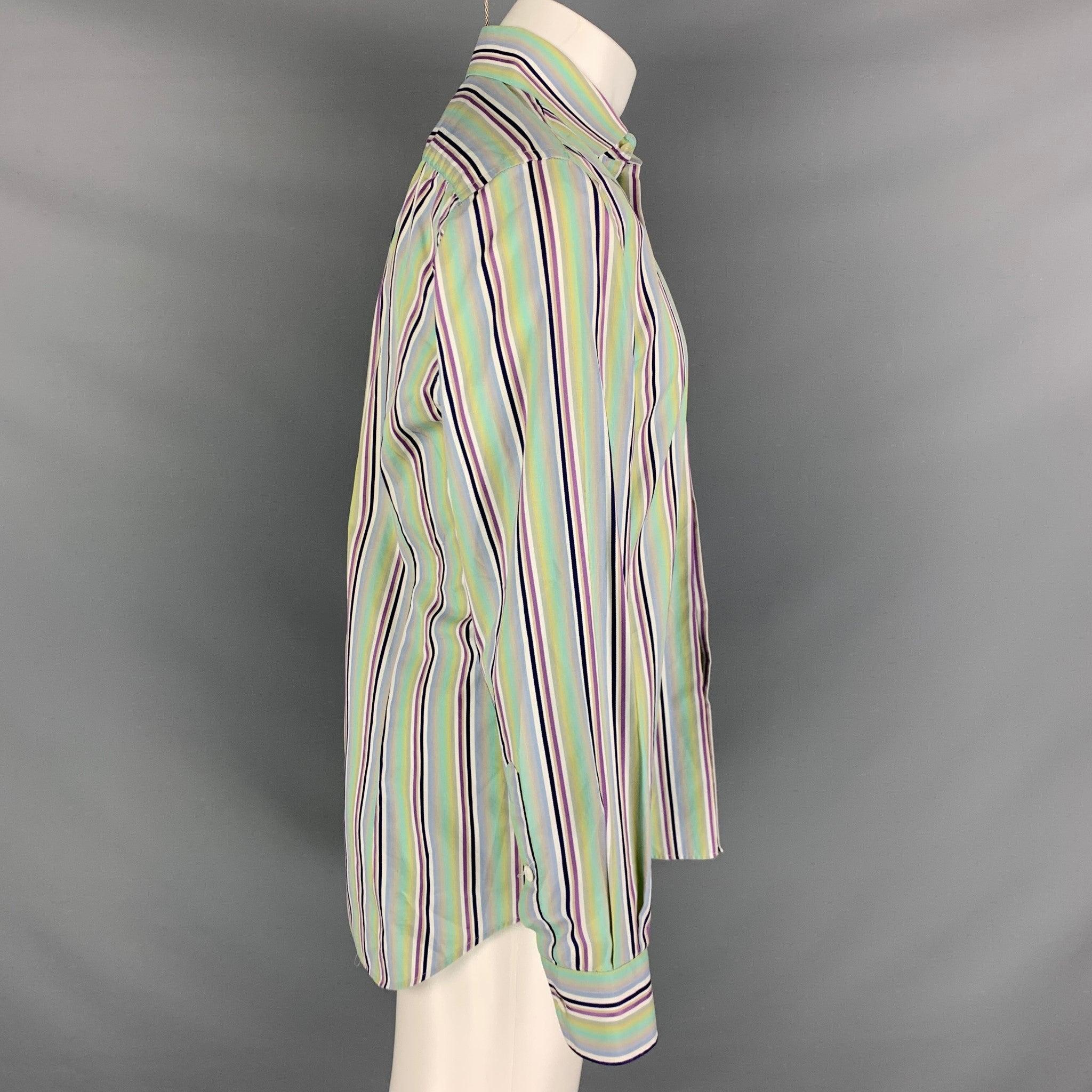 ETRO long sleeve shirt comes in a black, green and purple striped cotton featuring a button down collar, and a button up closure. Made in Italy. Very Good Pre-Owned Condition.
Minor marks. 

Marked:   40 

Measurements: 
 
Shoulder: 18.5 inches