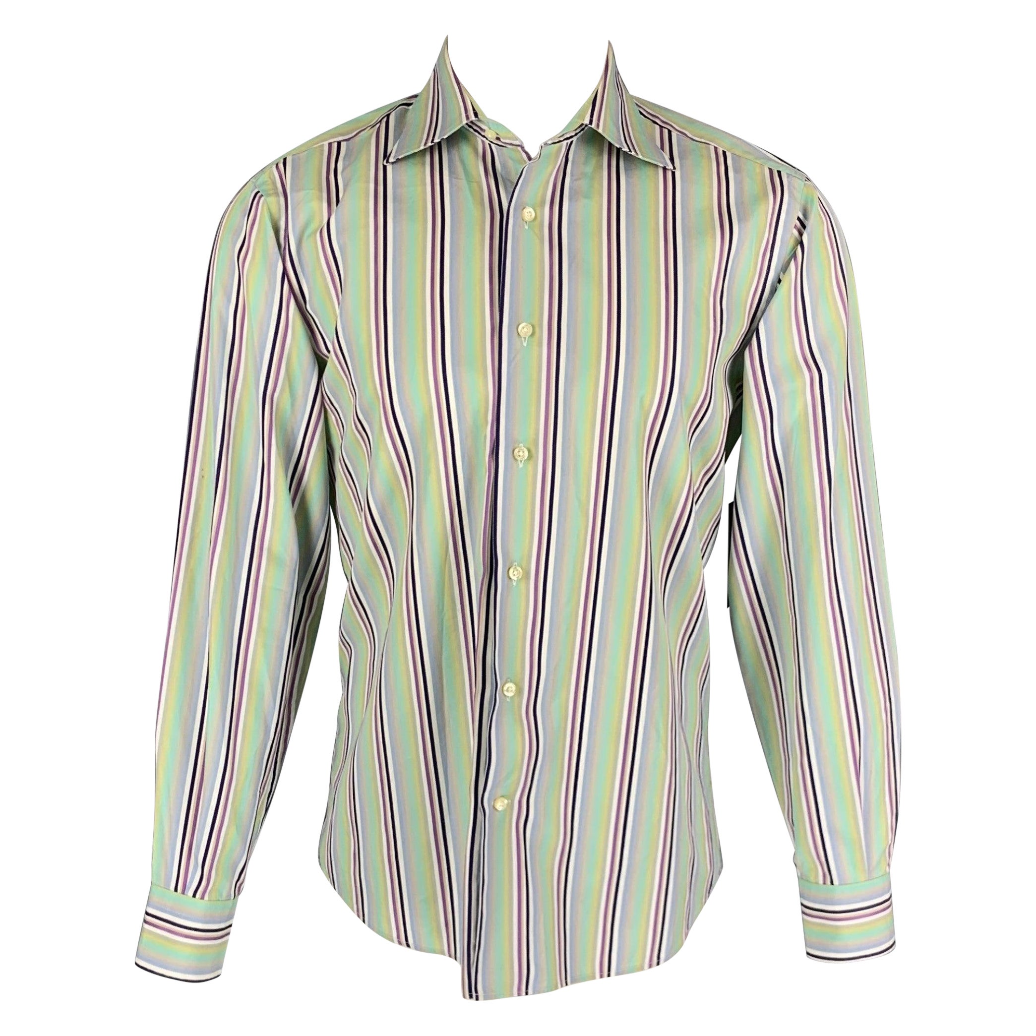 ETRO Talla M Camisa de Manga Larga de Algodón a Rayas Verde Negro