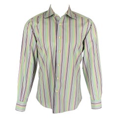 ETRO Talla M Camisa de Manga Larga de Algodón a Rayas Verde Negro