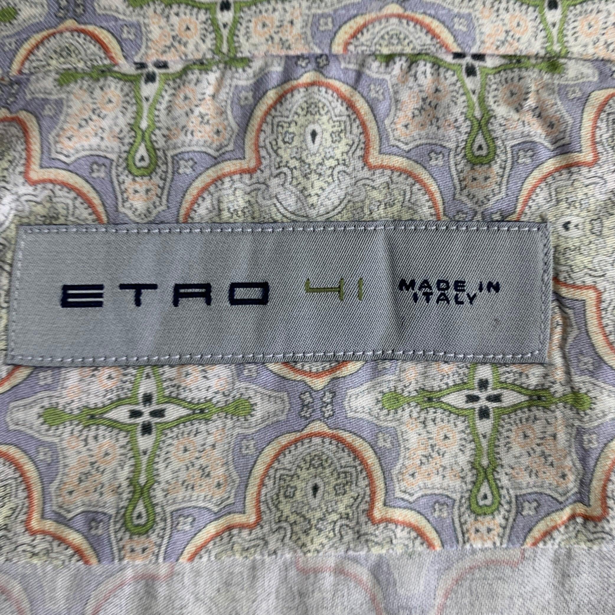 Men's ETRO Size M Green Blue Print Cotton Button Up Long Sleeve Shirt