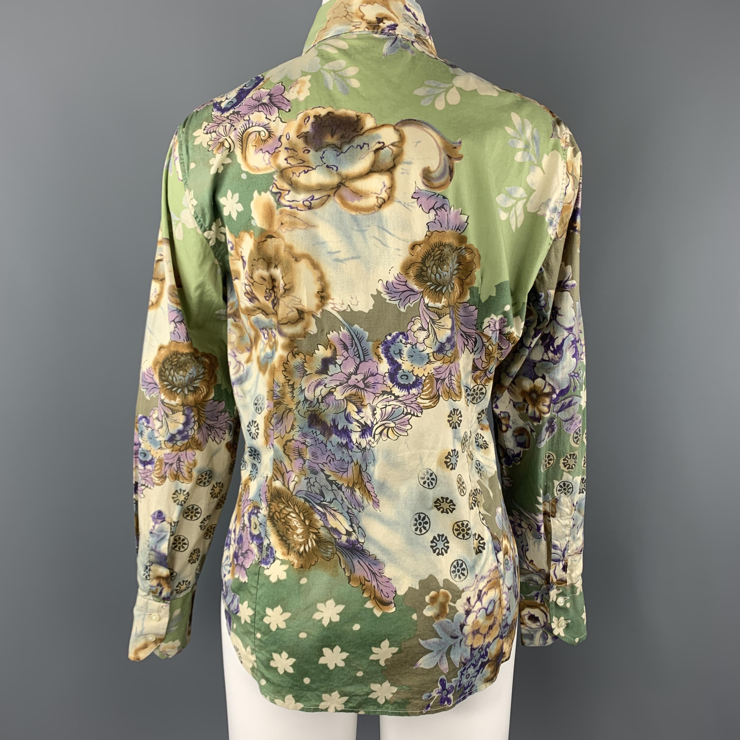 ETRO Size M Green Floral Print Cotton Blouse In Excellent Condition In San Francisco, CA