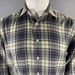 ETRO Taglia M Grigio Blu Verde Plaid Colletto a punta Camicia a maniche lunghe