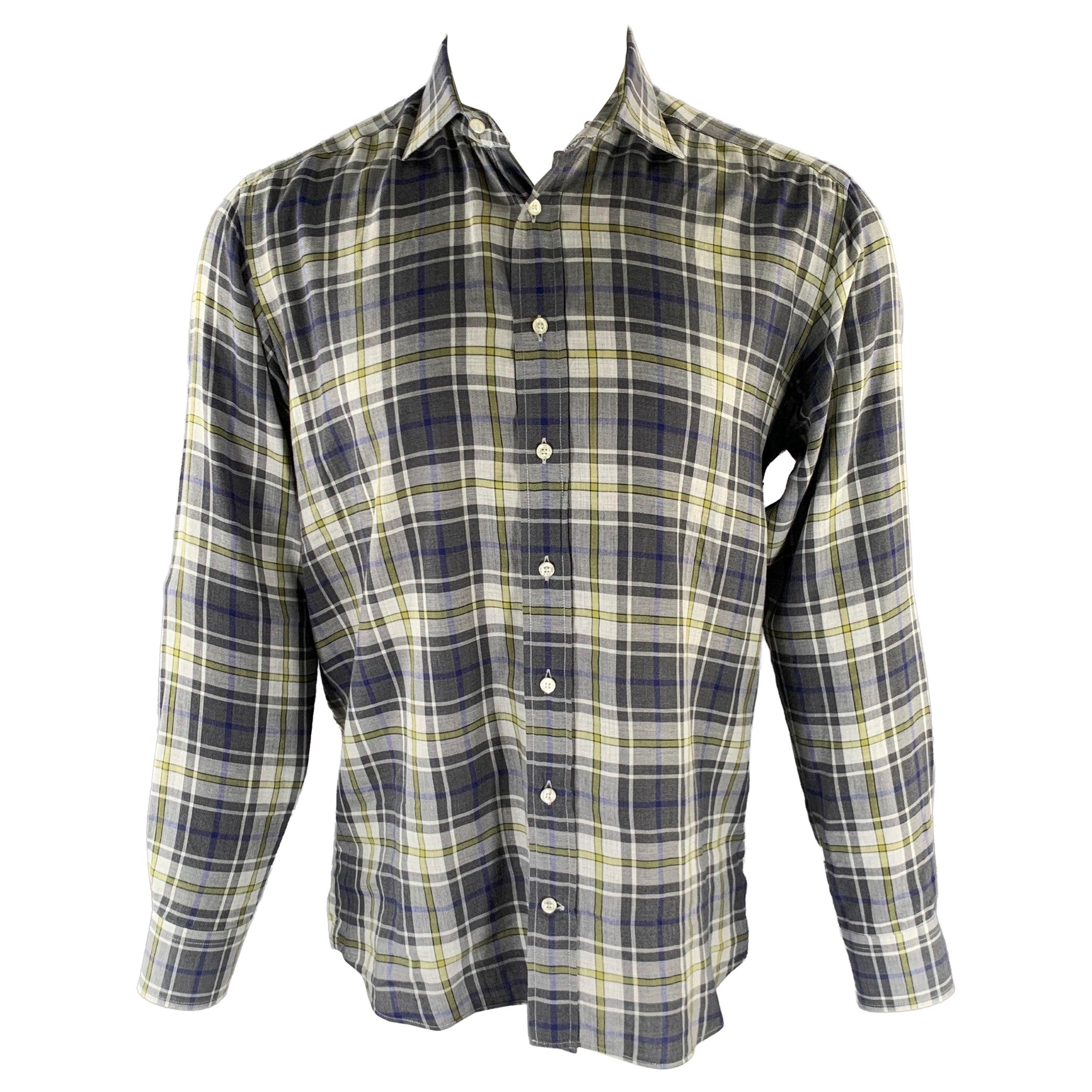 ETRO Size M Grey Blue Green Plaid Pointed Collar Long Sleeve Shirt For Sale