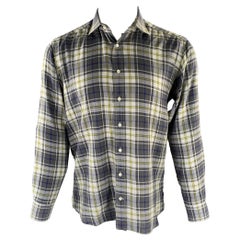 ETRO Talla M Gris Azul Verde Cuadriculada Cuello Puntiagudo Camisa Manga Larga