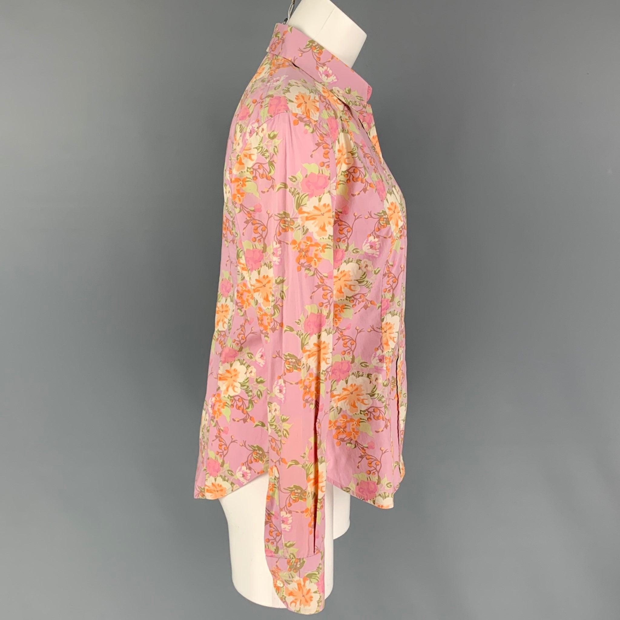 ETRO blouse comes in a lilac & orange floral cotton featuring a spread collar and a buttoned closure. Made in Italy.
 Very Good
 Pre-Owned Condition. Fabric tag removed.  
 

 Marked:  Size tag removed.  
 

 Measurements: 
  
 Shoulder: 16.5 inches