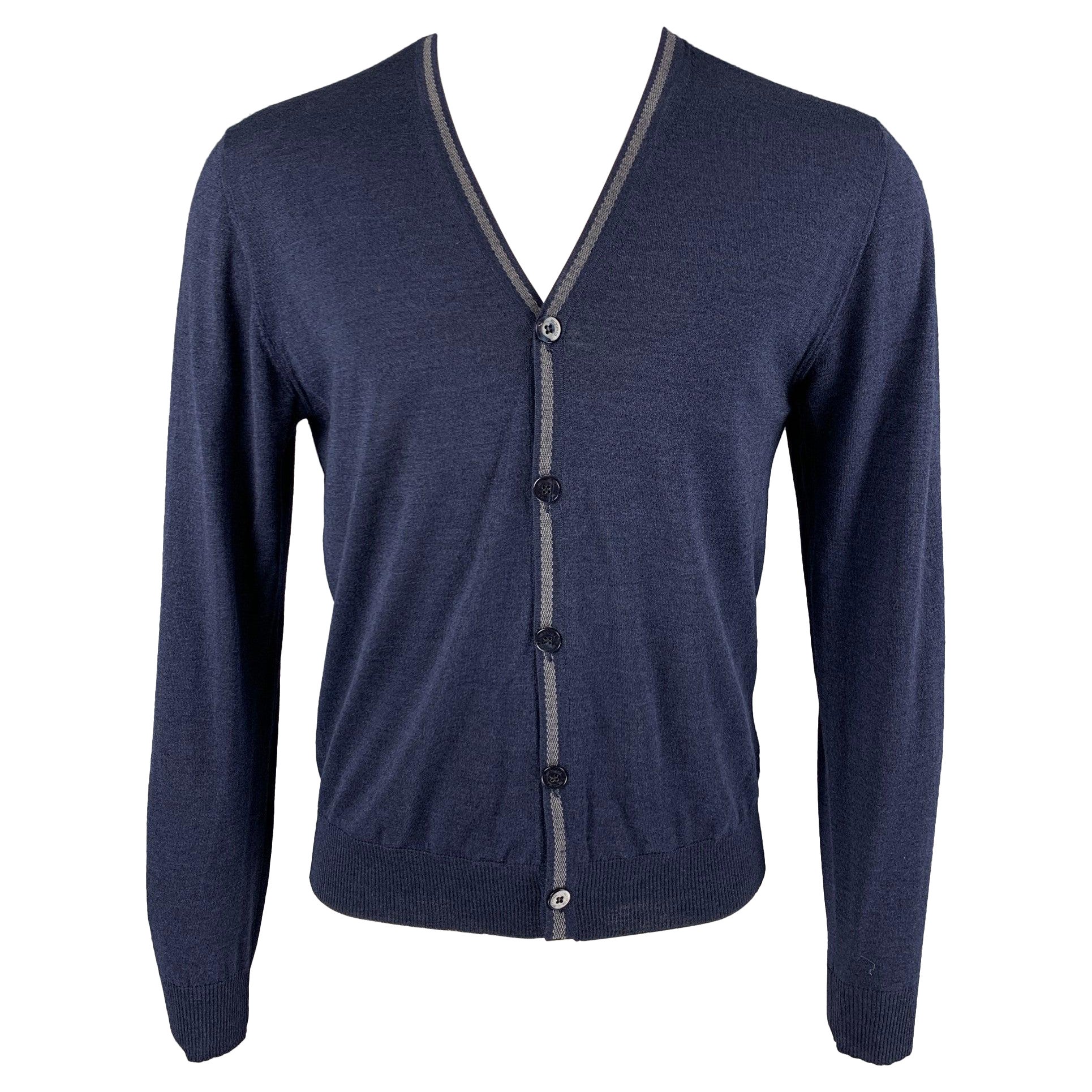 ETRO Size M Navy Grey Contrast Trim Wool Silk V-Neck Cardigan
