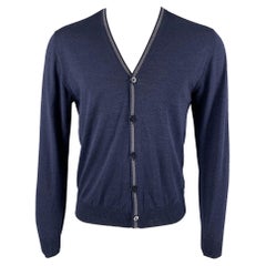 ETRO Size M Navy Grey Contrast Trim Wool Silk V-Neck Cardigan