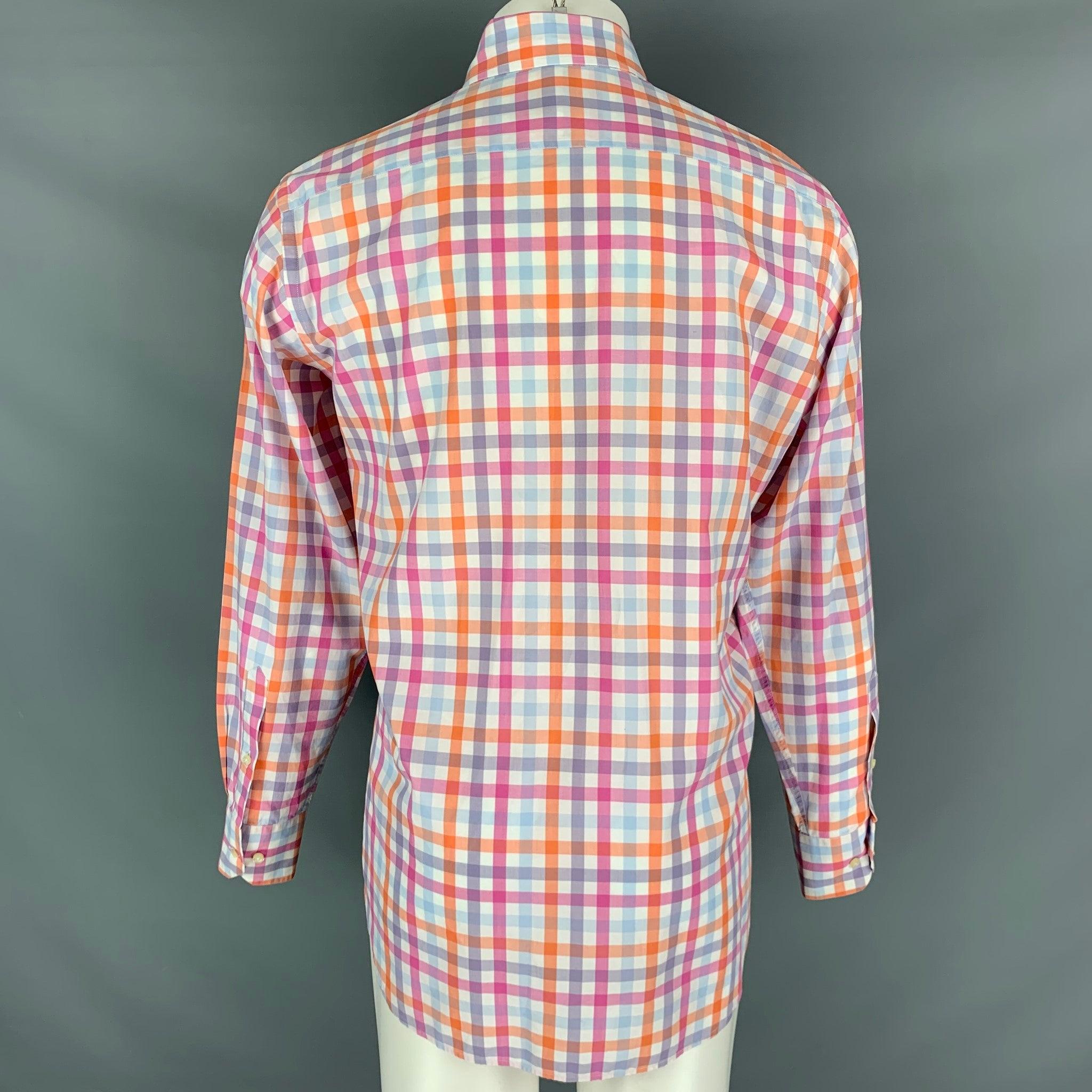 ETRO Size M Orange White Checkered Cotton Embroidered Long Sleeve Shirt In Good Condition For Sale In San Francisco, CA