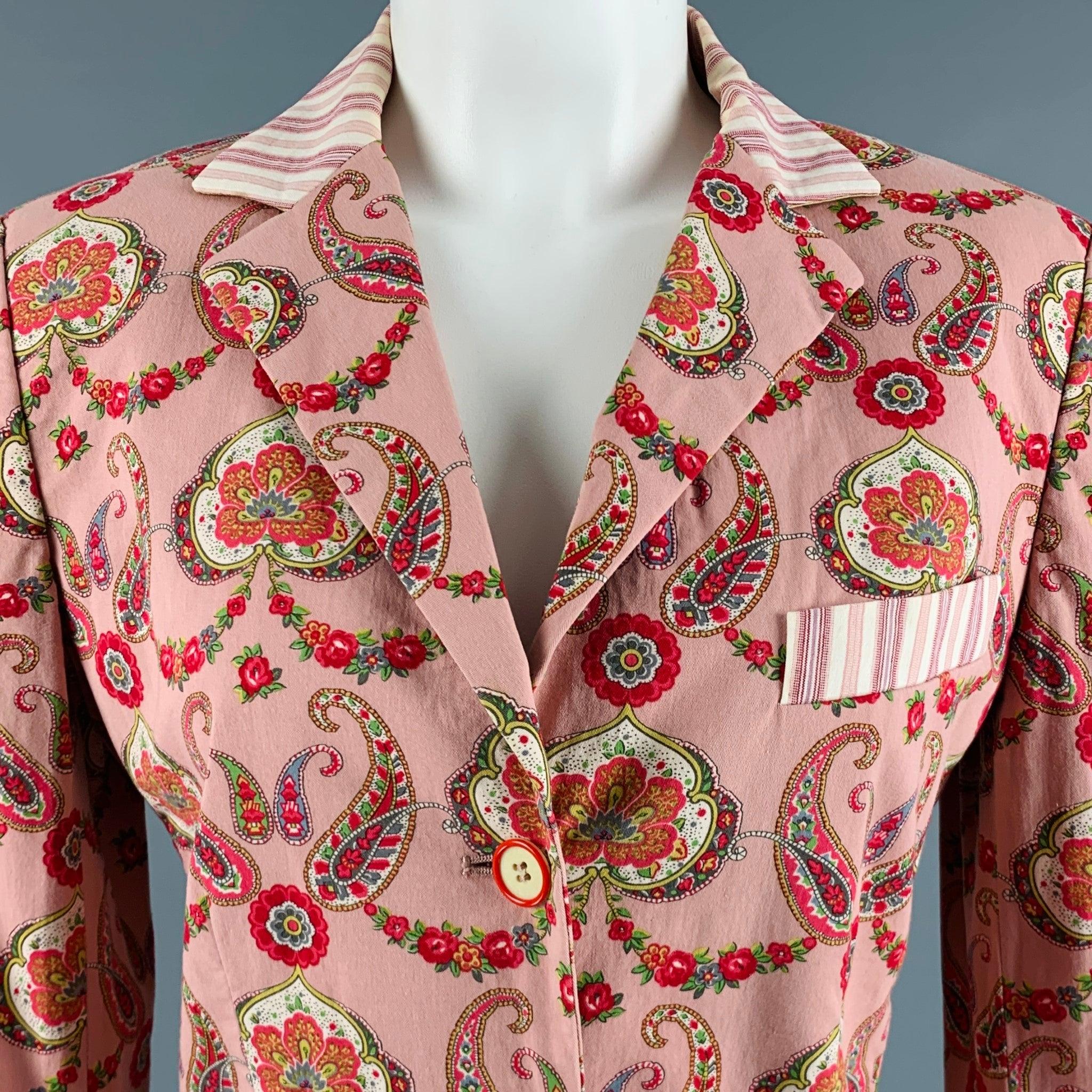 ETRO blazer in a pink and red cotton blend fabric featuring all over paisley pattern, contrast striped notch lapel and pockets, and three button closure. Made in Italy.Excellent Pre-Owned Condition. 

Marked:   42 

Measurements: 
 
Shoulder: 16.5