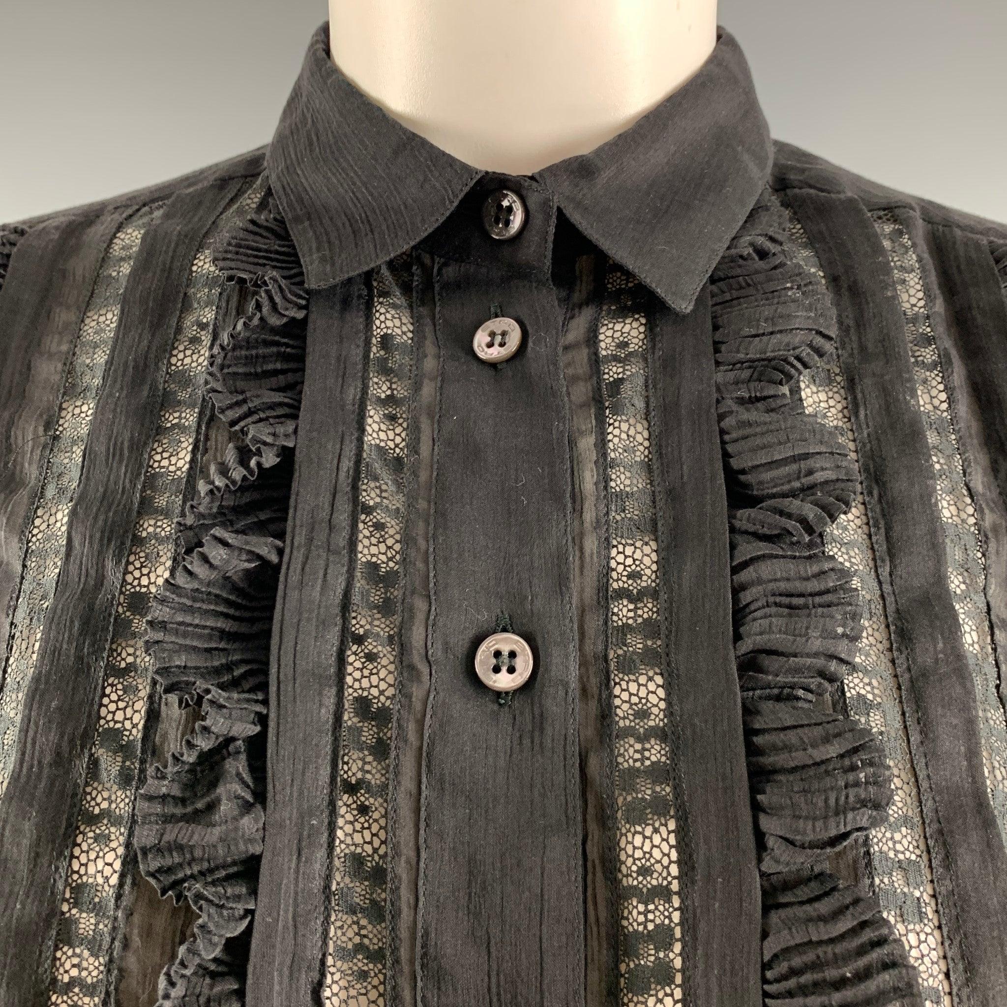 ETRO shirt comes in a black cotton and silk woven material featuring a lace and pleated accents at front, spread collar, and a button up closure. Made in Italy. Excellent Pre-Owned Condition.  

Marked:   40 

Measurements: 
 
Shoulder: 14.5 inches