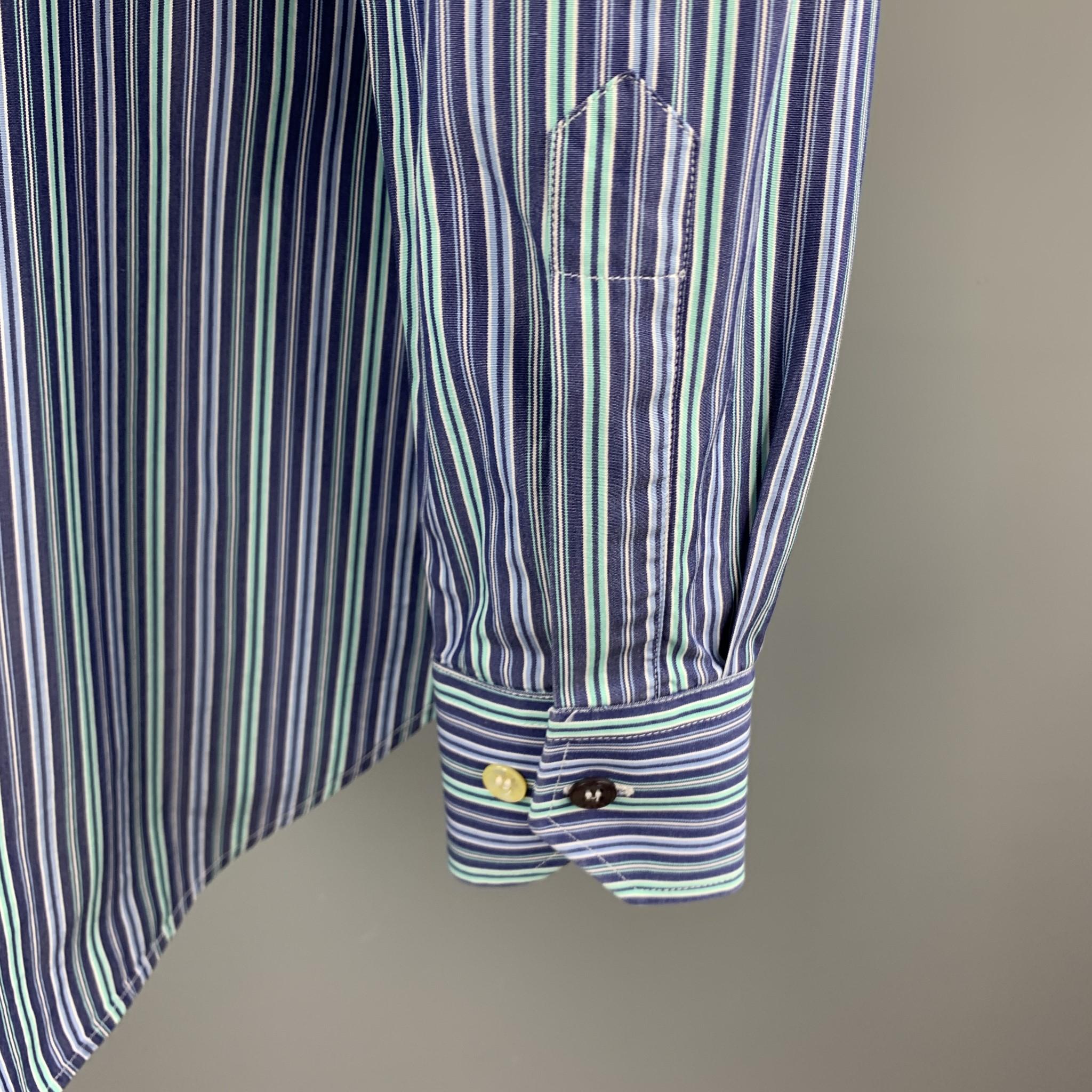 ETRO Size S Blue & Green Stripe Cotton Button Up Long Sleeve Shirt In Excellent Condition In San Francisco, CA