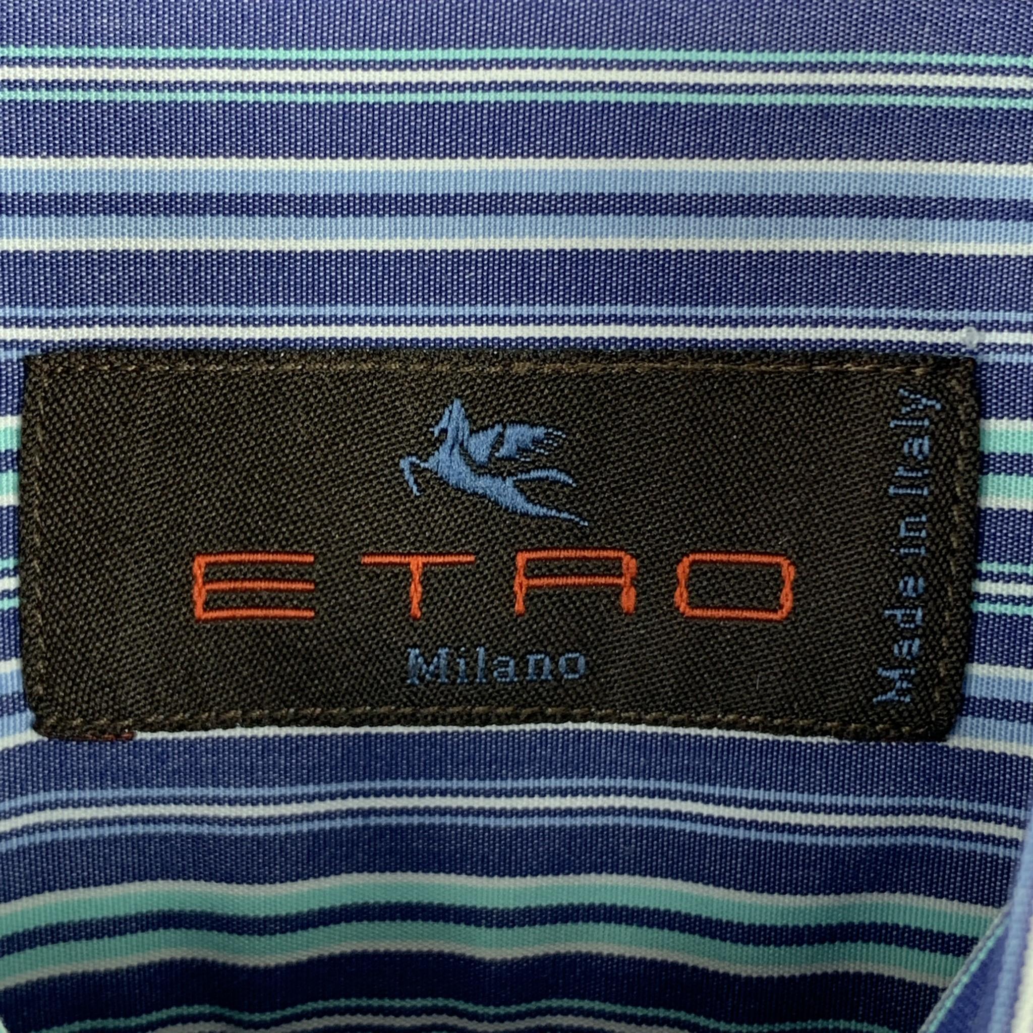 Men's ETRO Size S Blue & Green Stripe Cotton Button Up Long Sleeve Shirt