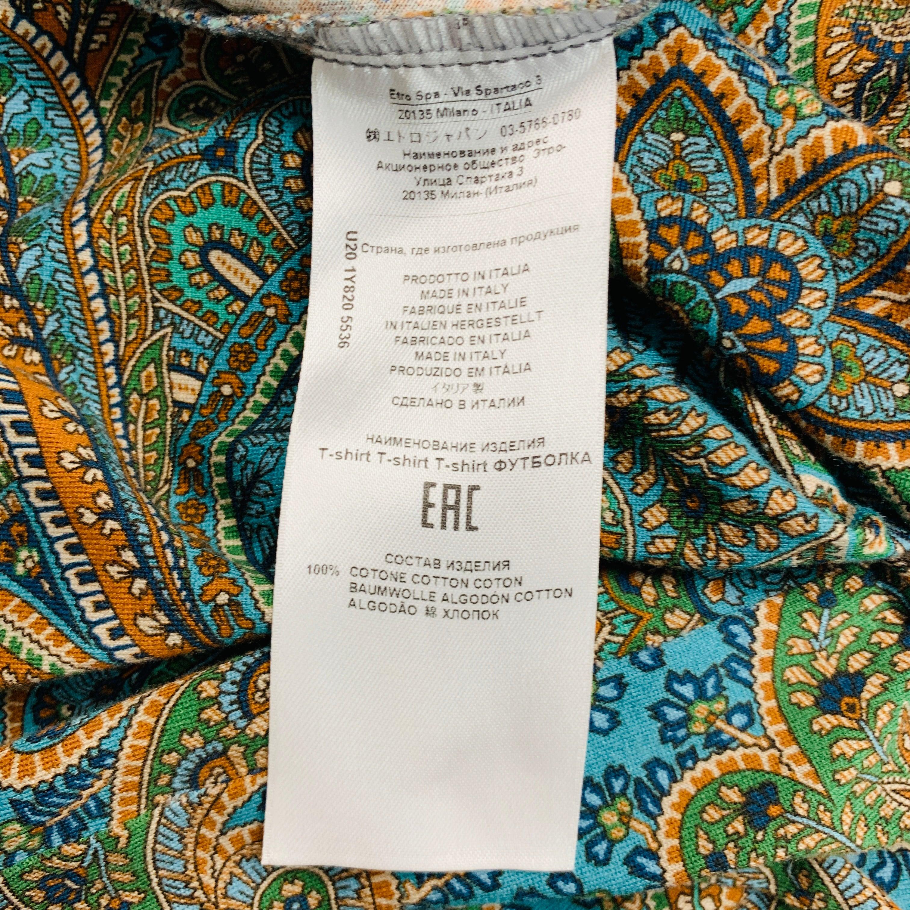 ETRO T-shirt col ras du cou en coton à motif cachemire bleu orange, taille S en vente 2