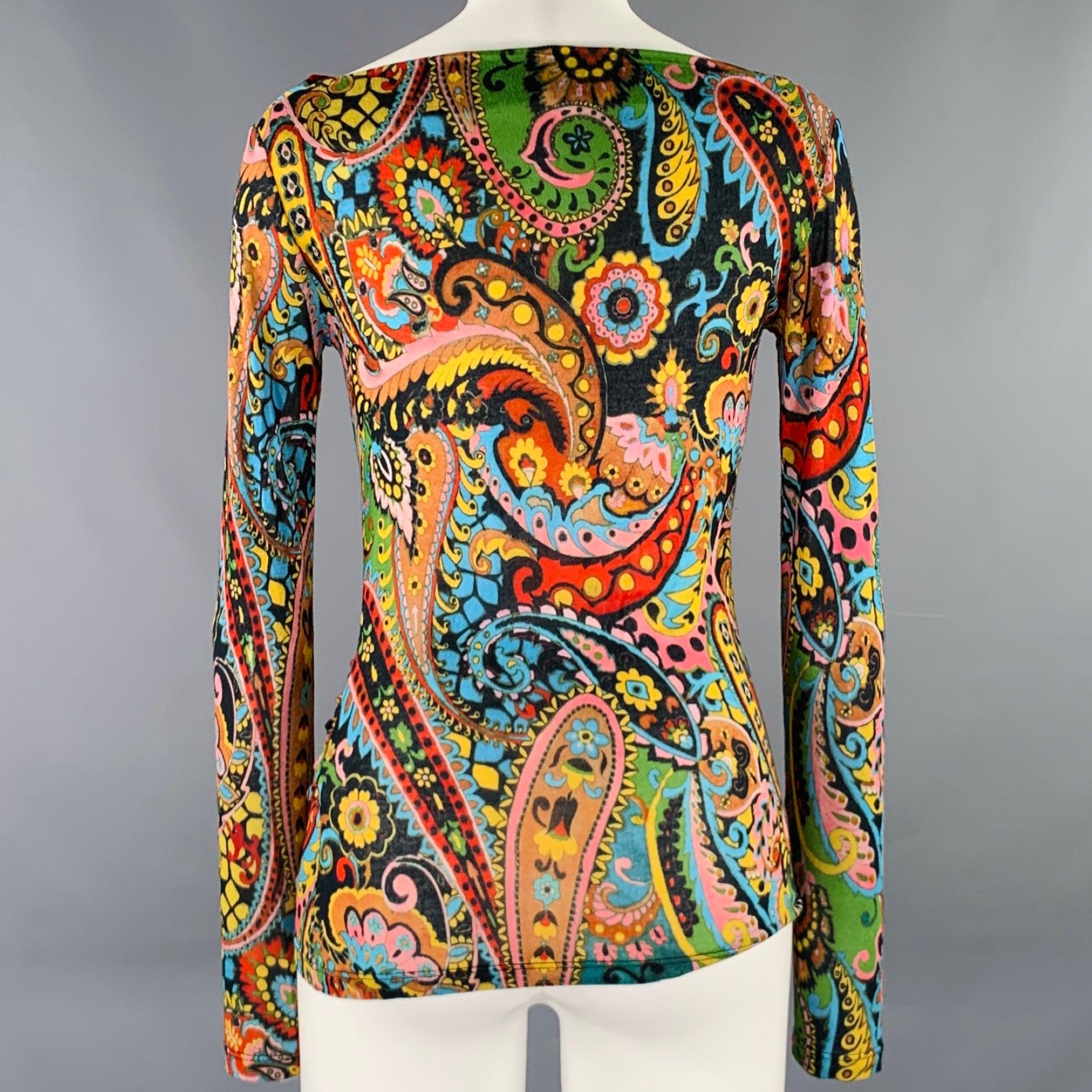 Black ETRO Size S Multi Color Viscose Blend Paisley Draped Neck Casual Top For Sale