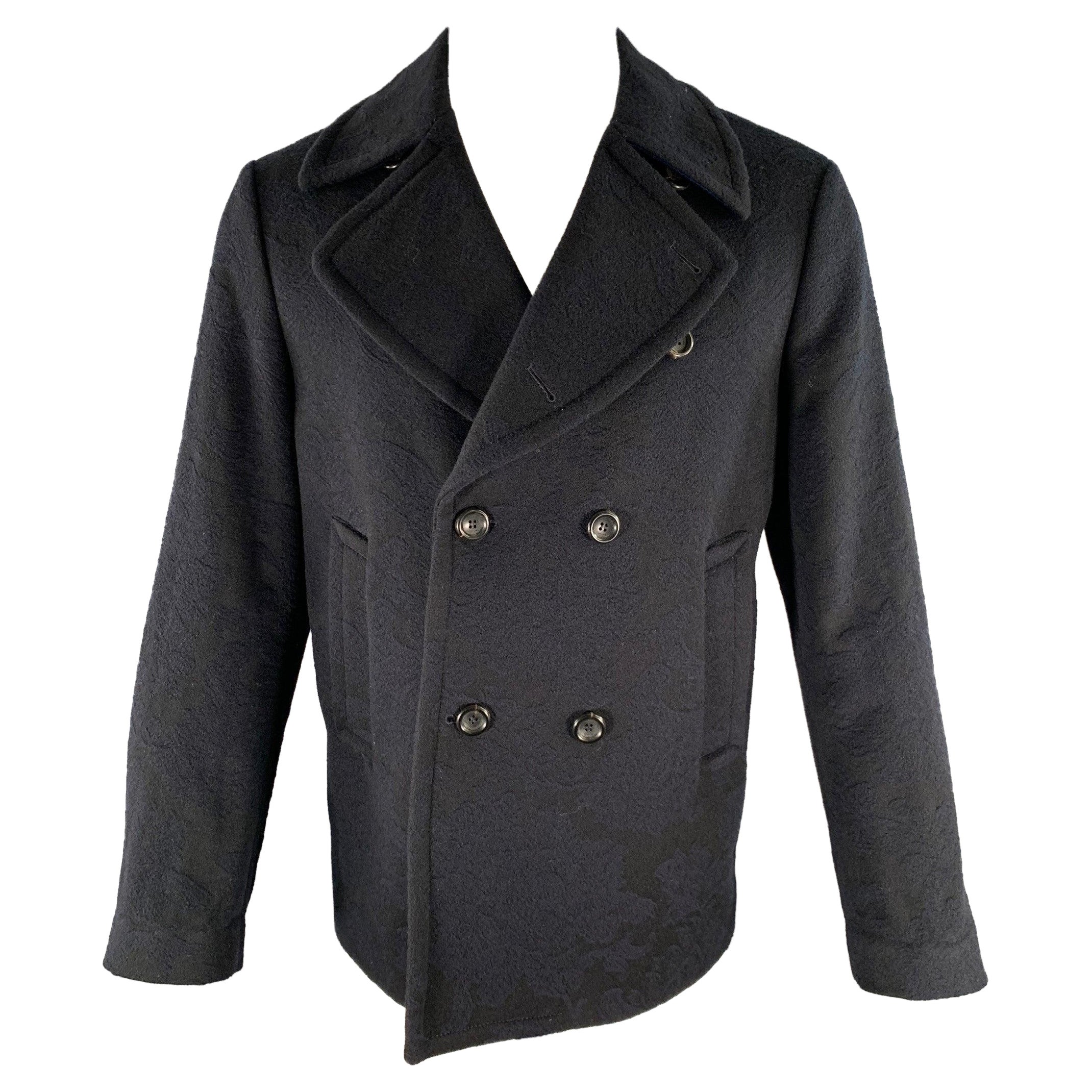 ETRO Size S Navy Abstract floral Wool Double Breasted Peacoat For Sale