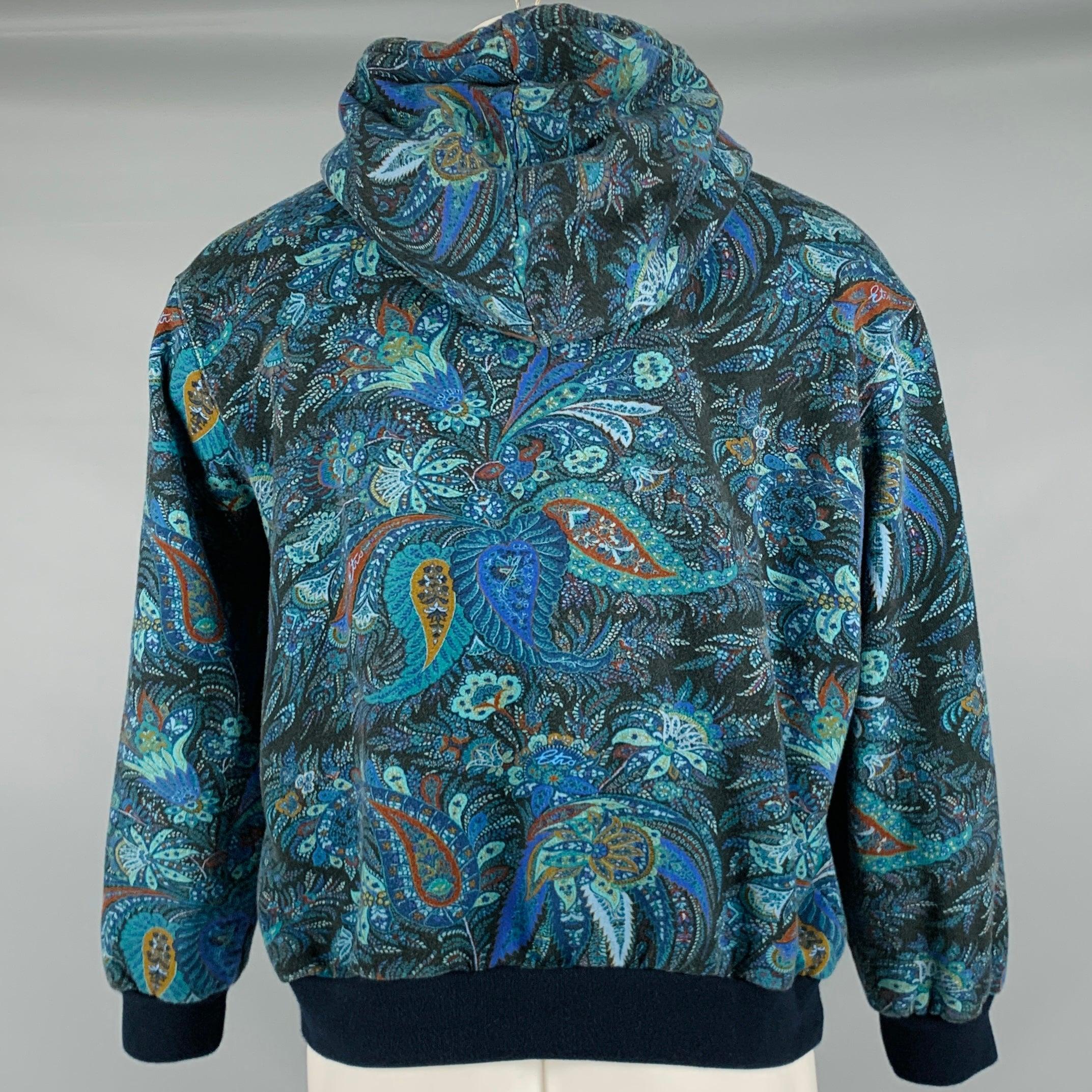 ETRO Size S Navy Black Paisley Cotton Hooded Sweatshirt In Good Condition For Sale In San Francisco, CA