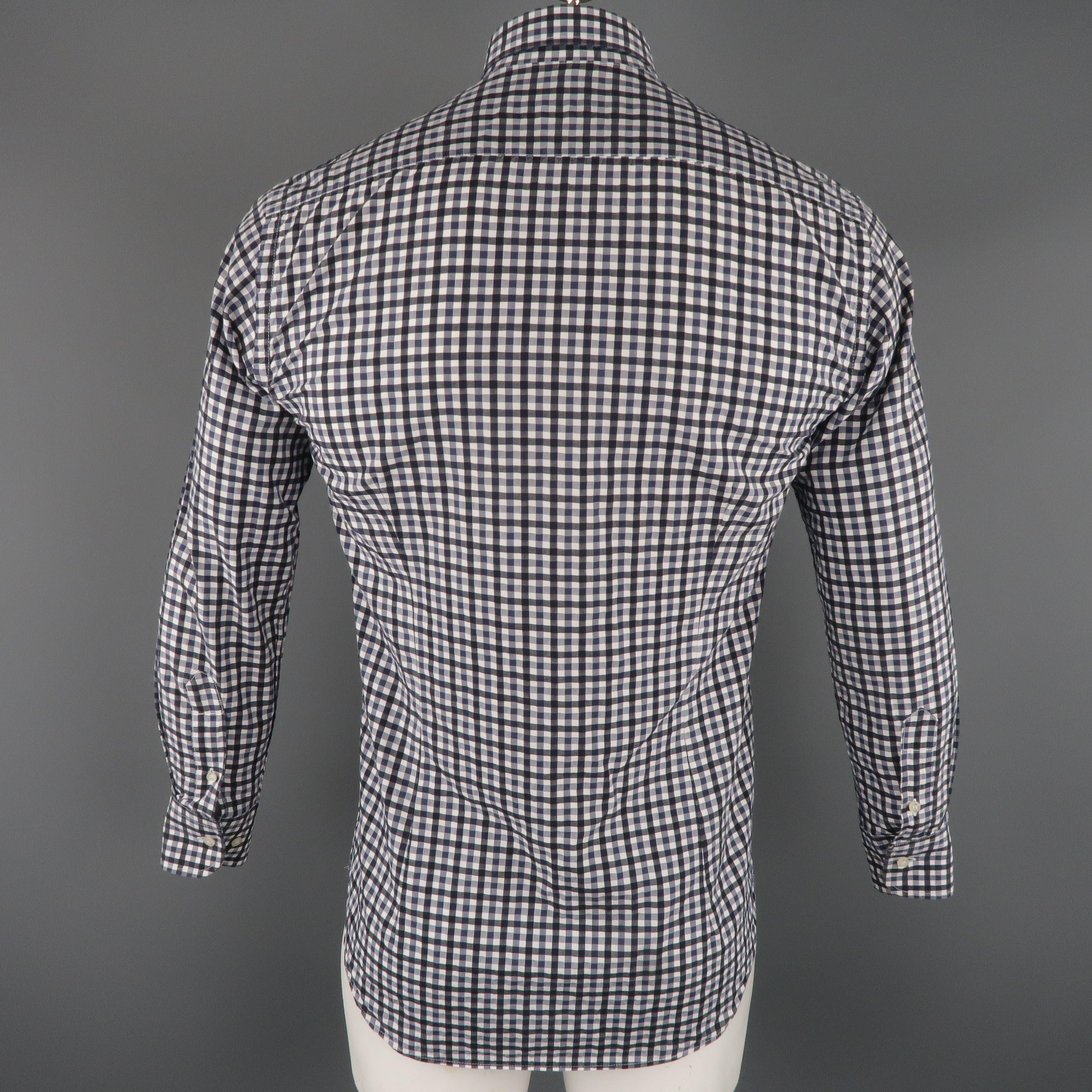 Men's ETRO Size S Navy Checkered Cotton Button Up Long Sleeve Shirt For Sale