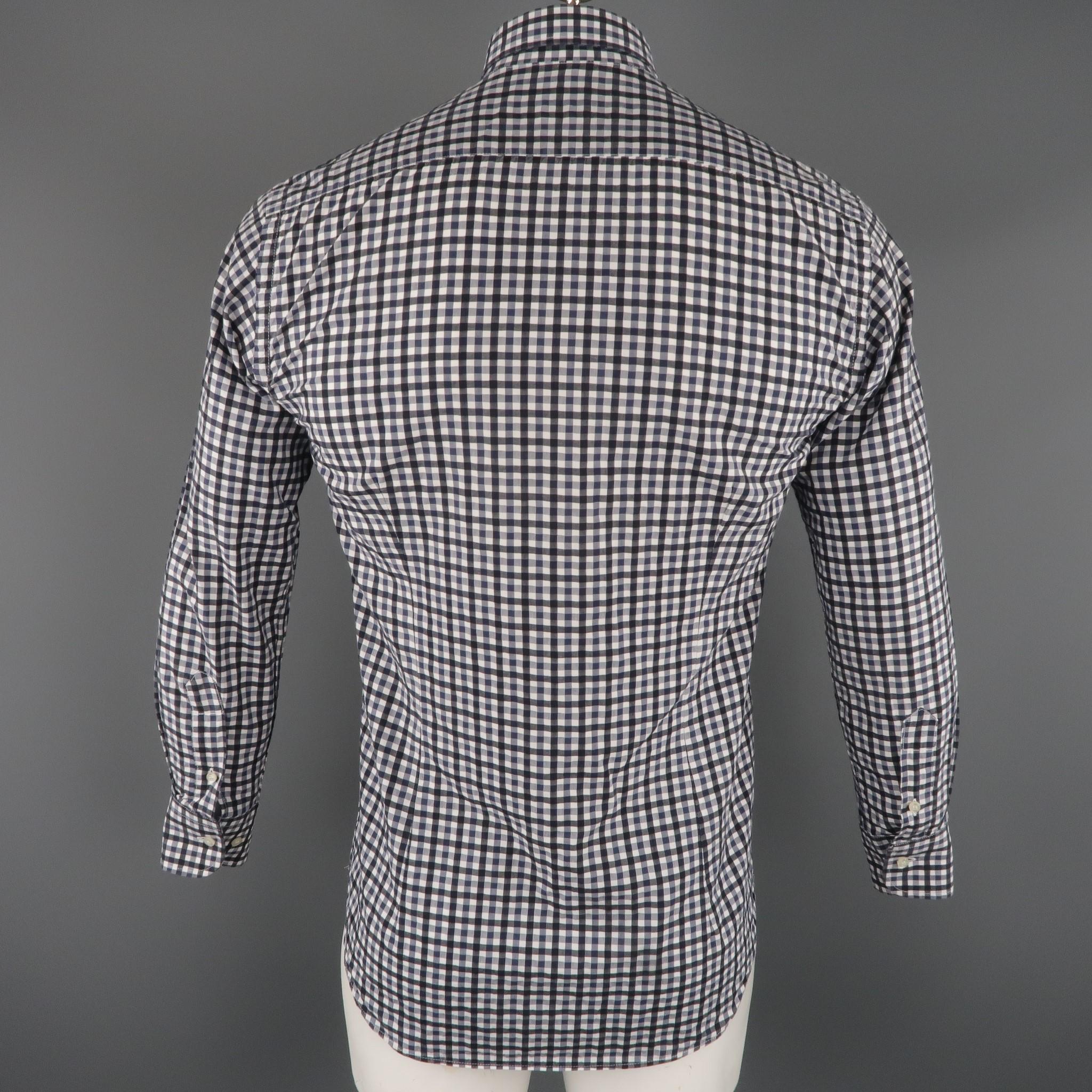 ETRO Size S Navy Checkered Cotton Button Up Long Sleeve Shirt In Excellent Condition In San Francisco, CA