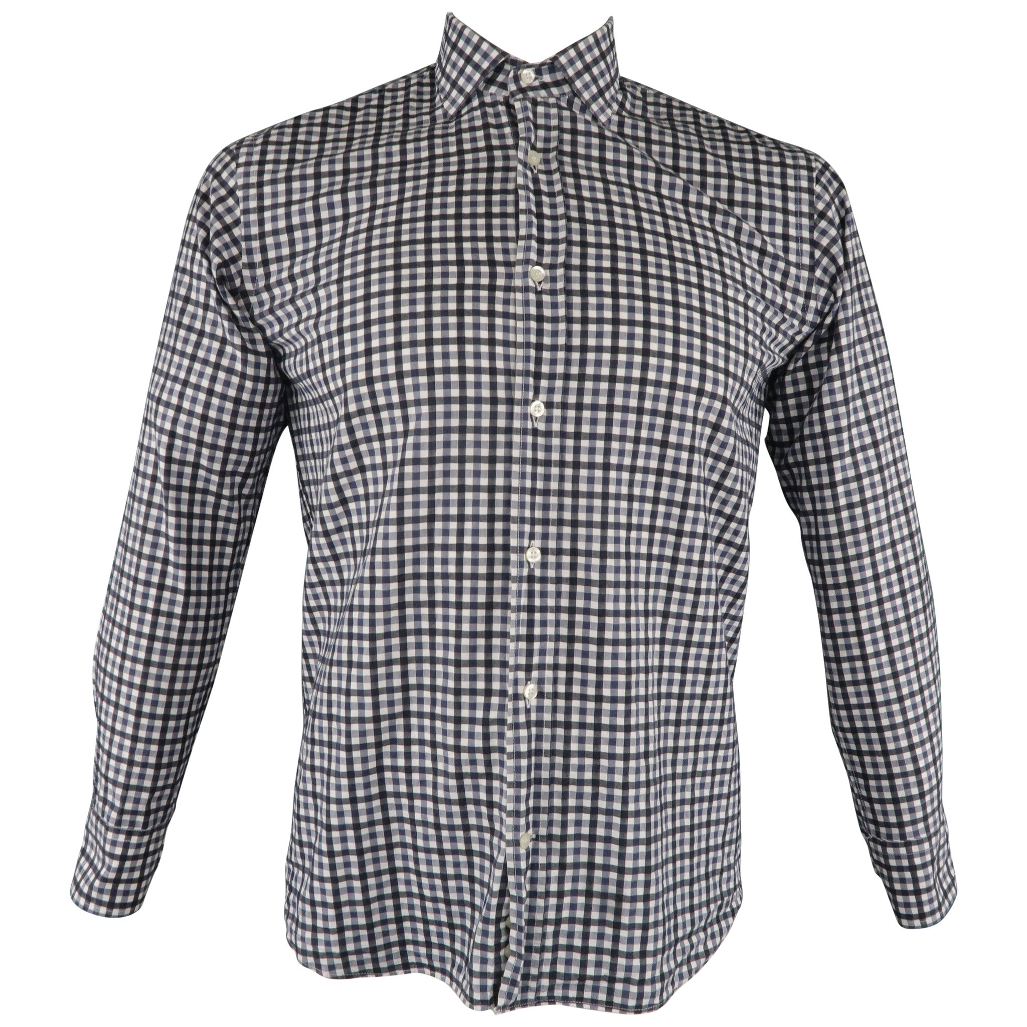 ETRO - Chemise à manches longues boutonnée en coton à carreaux bleu marine, taille S