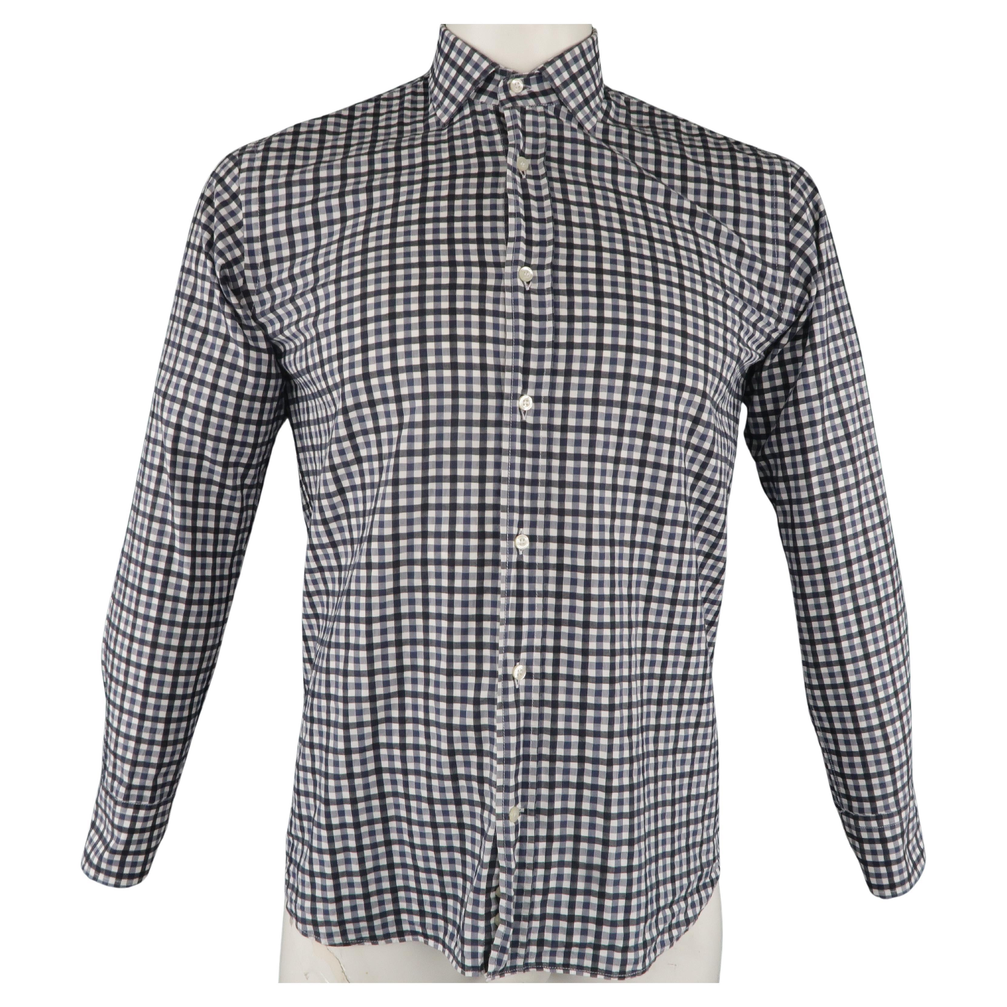 ETRO Size S Navy Checkered Cotton Button Up Long Sleeve Shirt For Sale