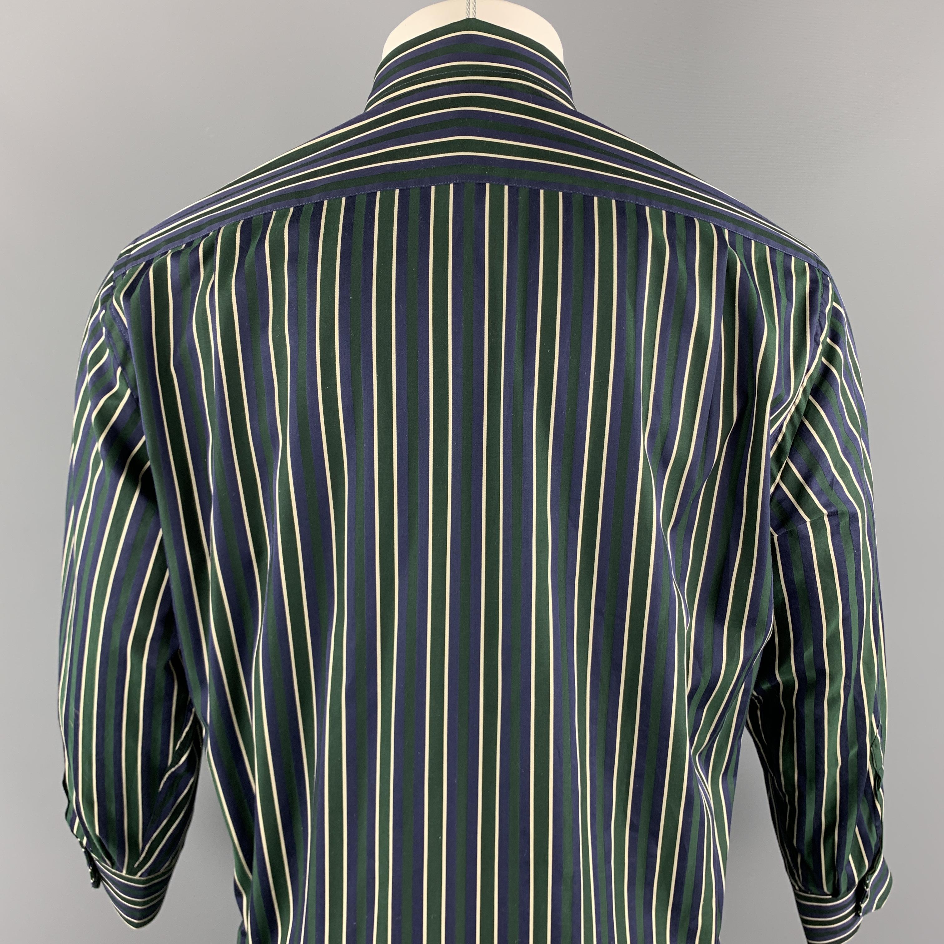 Black ETRO Size S Navy & Green Stripe Cotton Button Up Long Sleeve Shirt