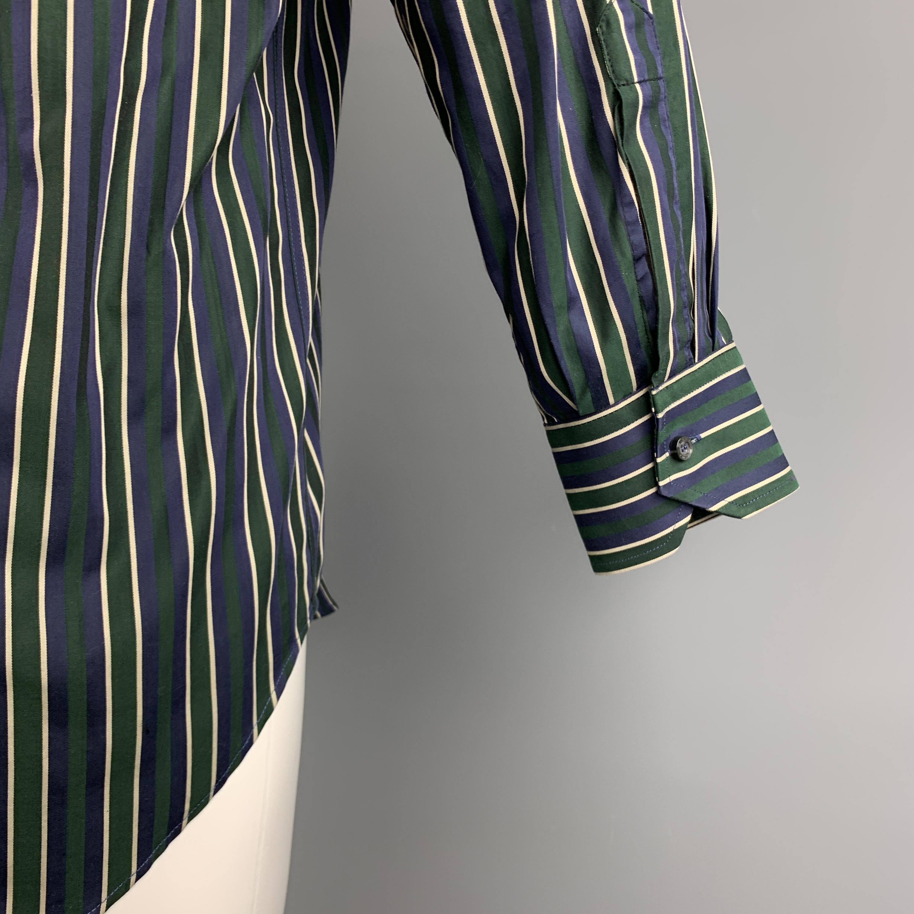 ETRO Size S Navy & Green Stripe Cotton Button Up Long Sleeve Shirt In Good Condition In San Francisco, CA