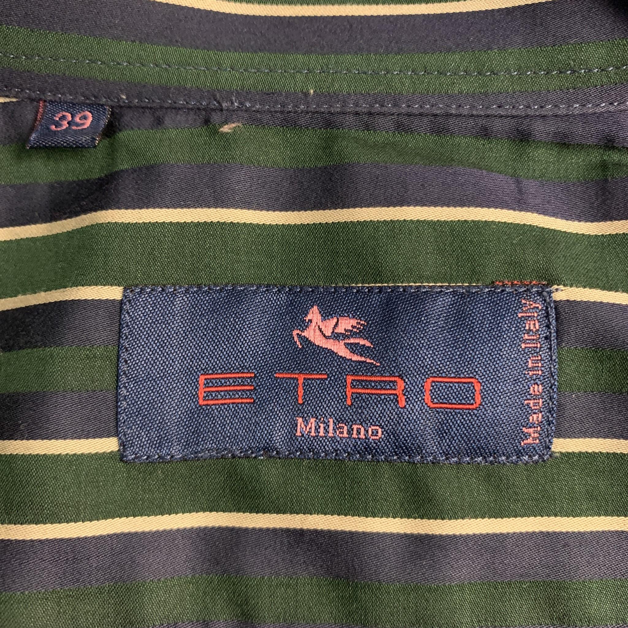 Men's ETRO Size S Navy & Green Stripe Cotton Button Up Long Sleeve Shirt