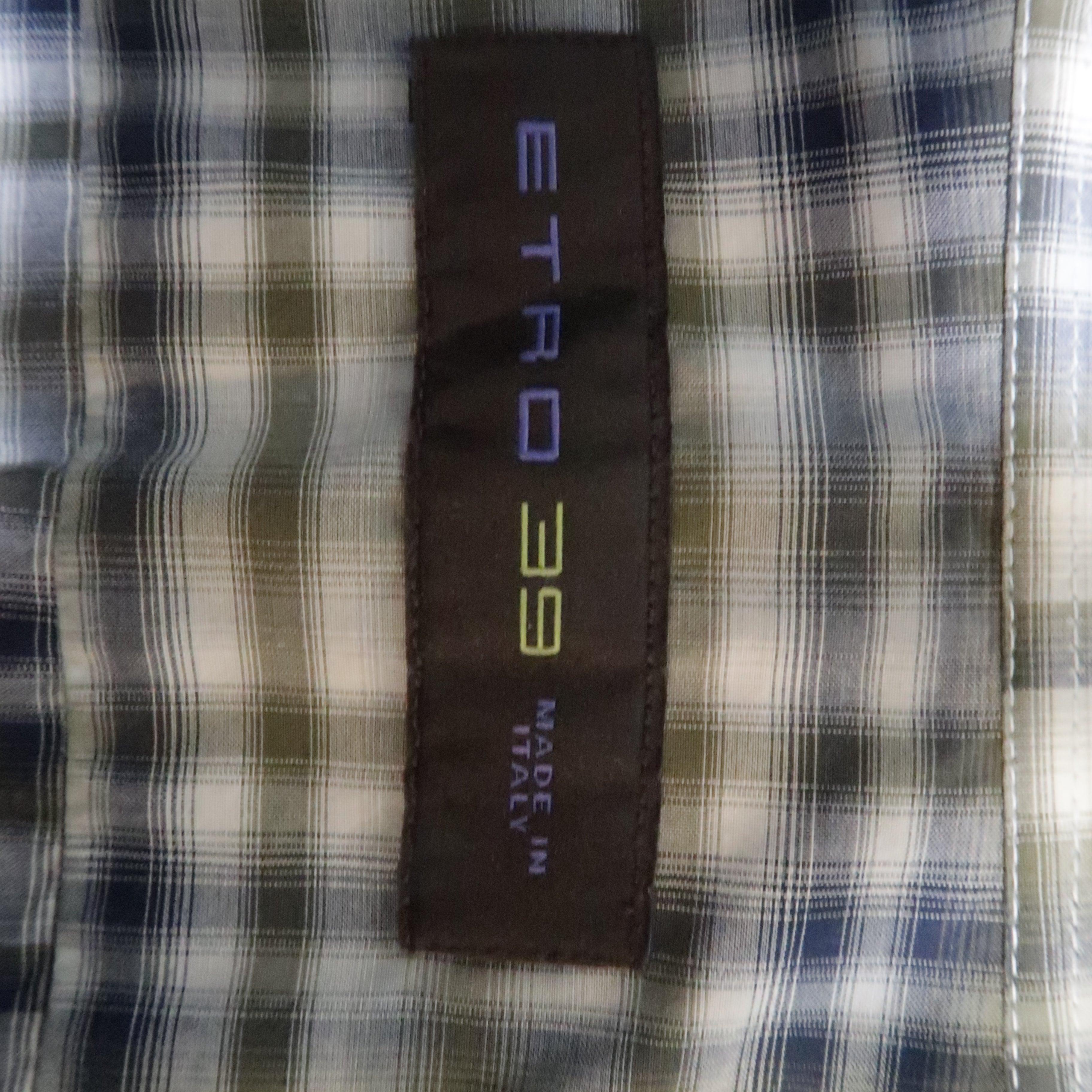 ETRO, chemise à manches longues à carreaux olive et bleu marine, taille S en vente 1