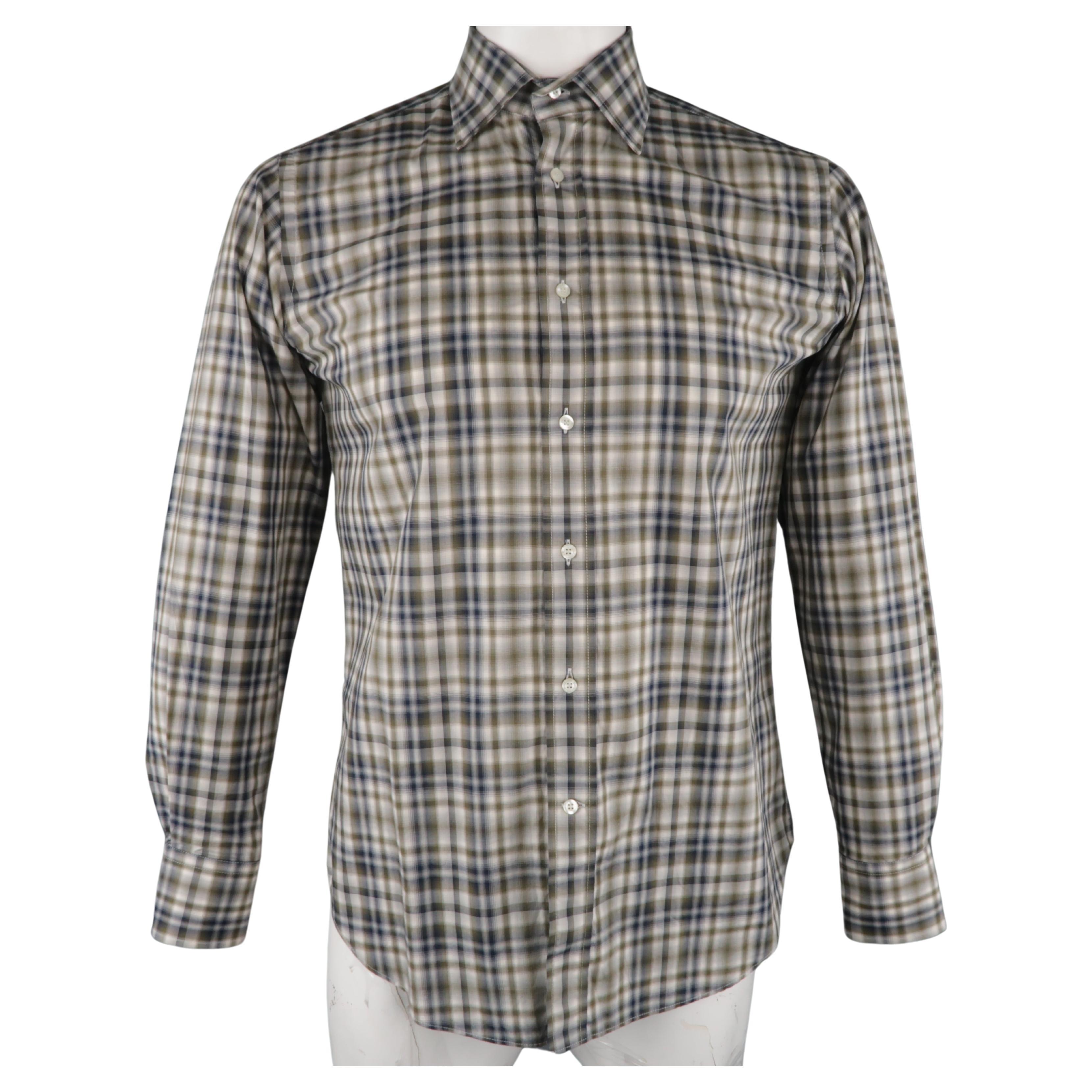 ETRO Size S Olive & Navy Plaid Button Up Long Sleeve Shirt For Sale