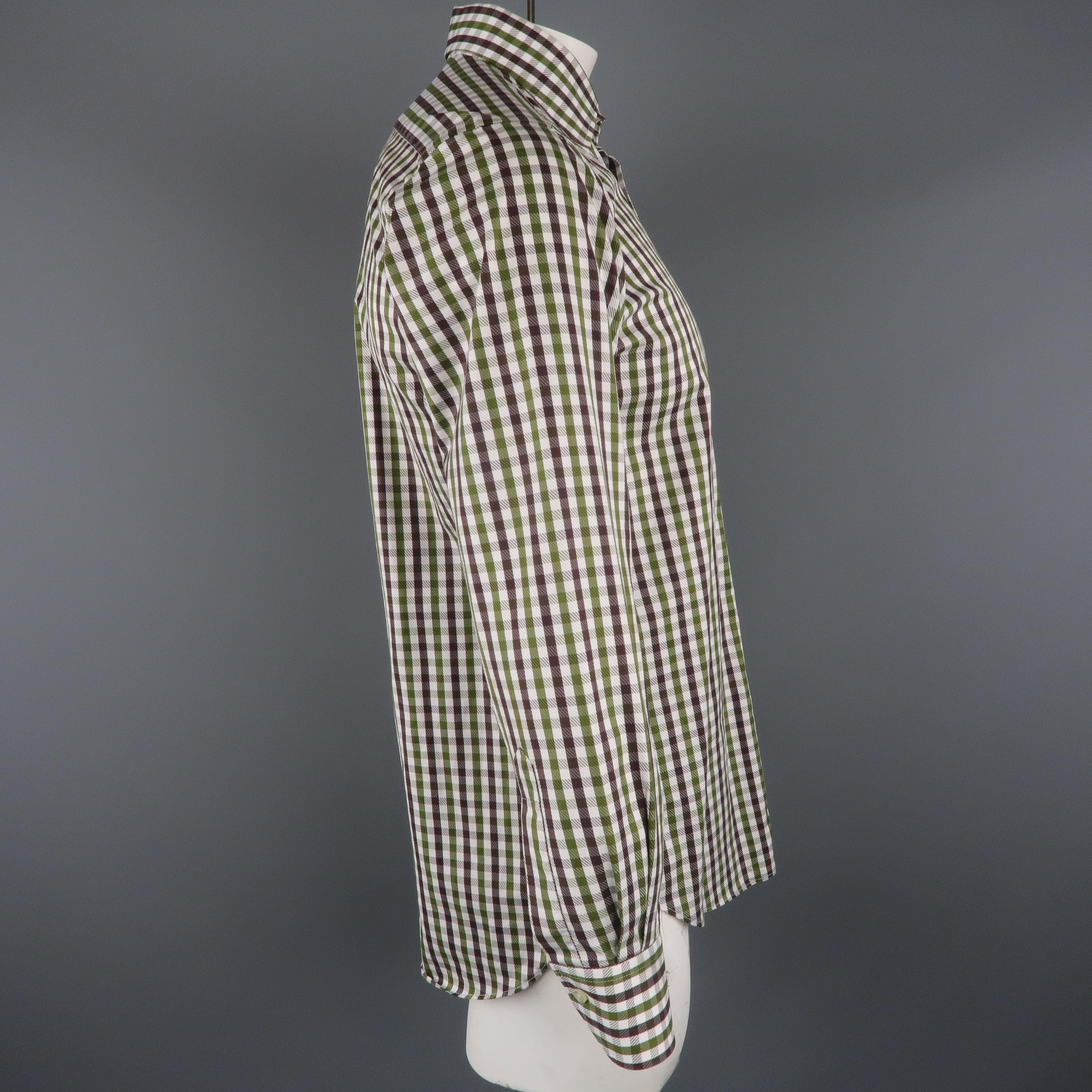 ETRO Size S White & Green Checkered Cotton Button Up Long Sleeve Shirt In Good Condition For Sale In San Francisco, CA