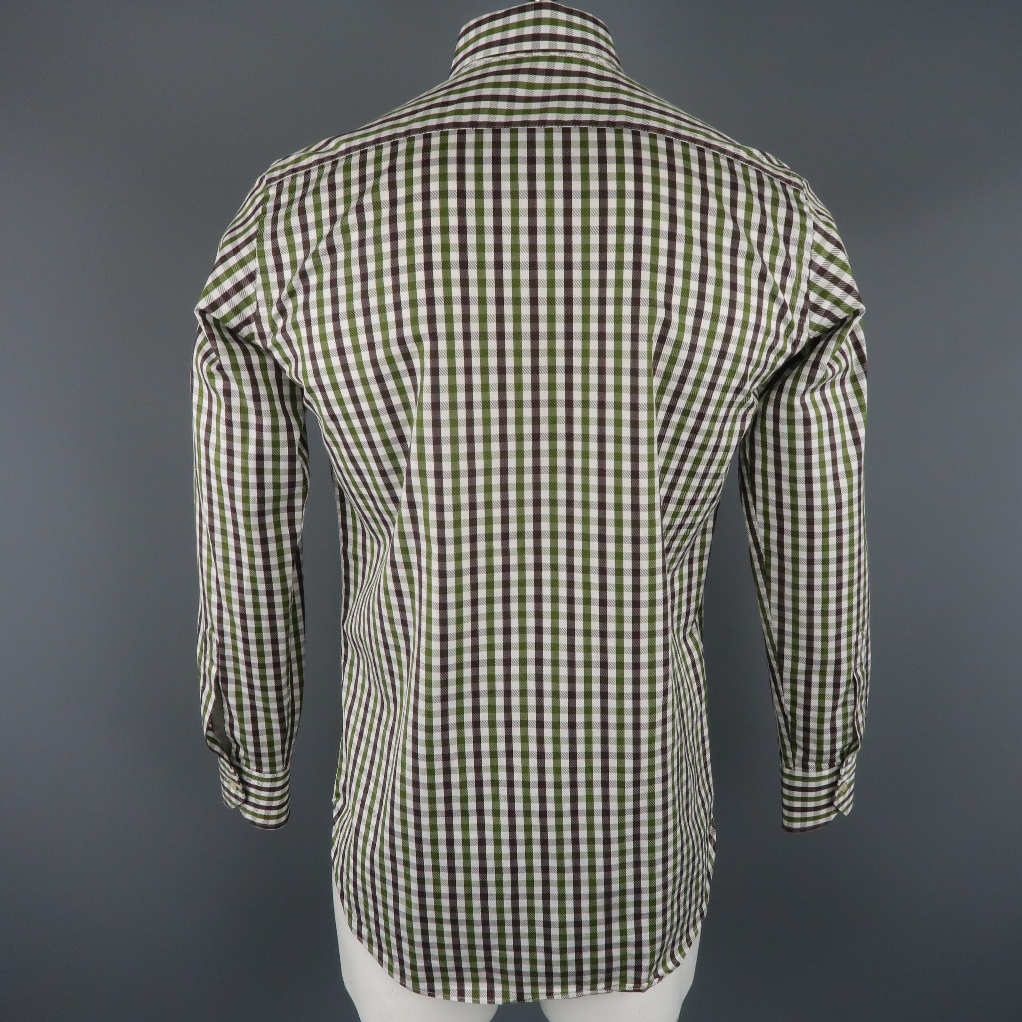 Gray ETRO Size S White & Green Checkered Cotton Button Up Long Sleeve Shirt