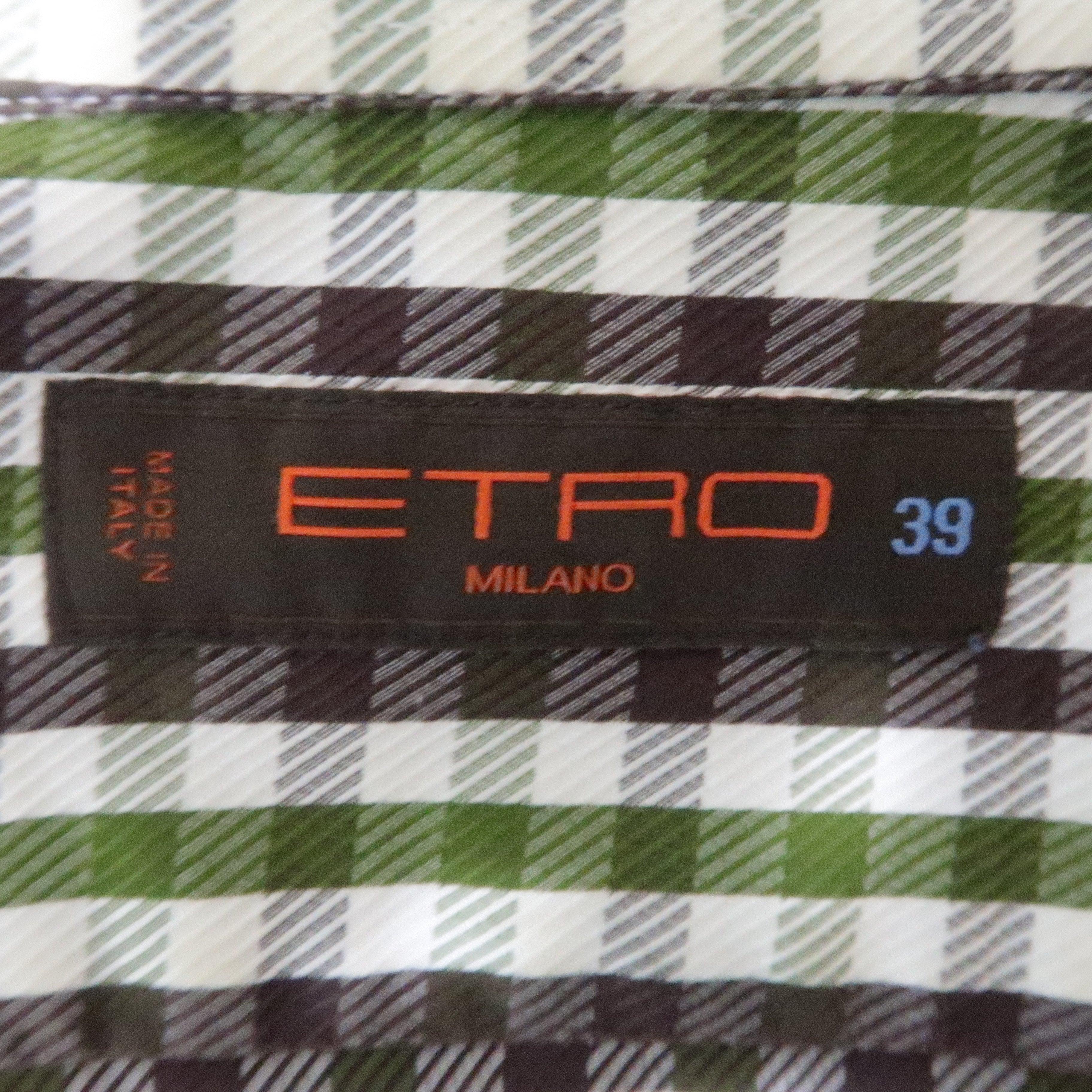 ETRO Size S White & Green Checkered Cotton Button Up Long Sleeve Shirt For Sale 1